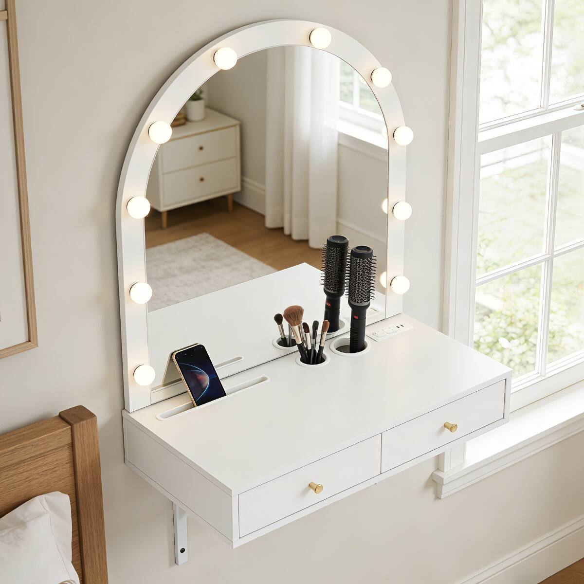 Front. Loheer - Loheer Floating Makeup Vanity Desk with Mirror and Lights, White Wall Mounted Vanity Desk - White.