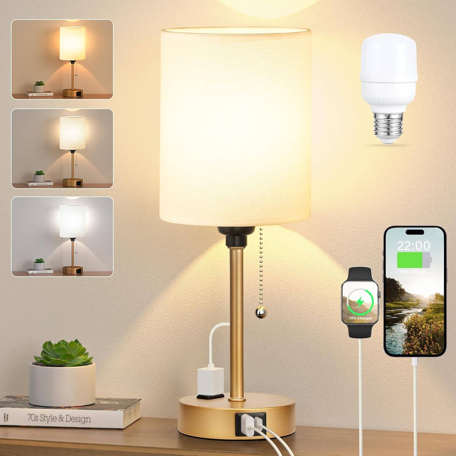 The Best Inks - White Black Table lamp Lamp USB LED smart Metal Small Bedside Bedroom Color Temperatures Lamps with Ports - White-Gold-14.6in