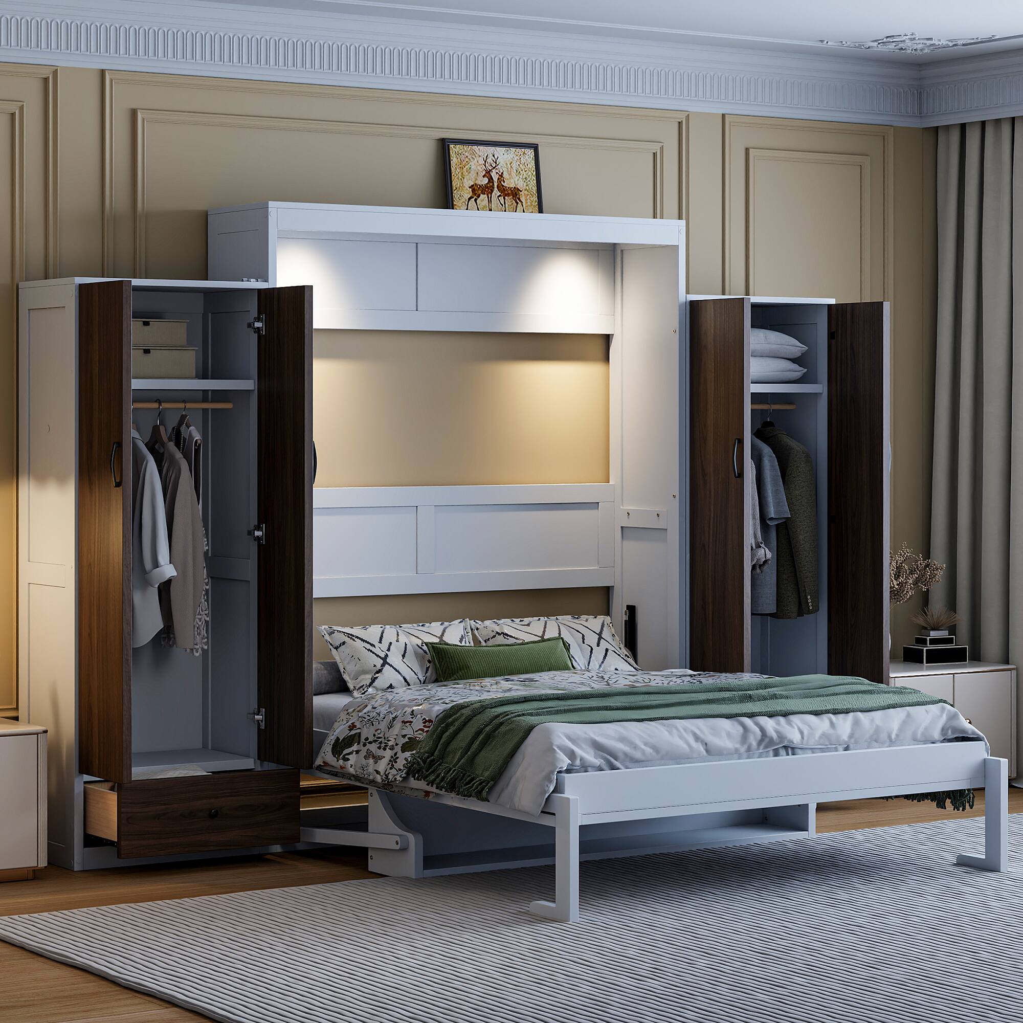 Left. Tiramisubest - Full Size Murphy Wall Bed in White, MDF+LVL, Space-Saving & Multi-Functional - White.