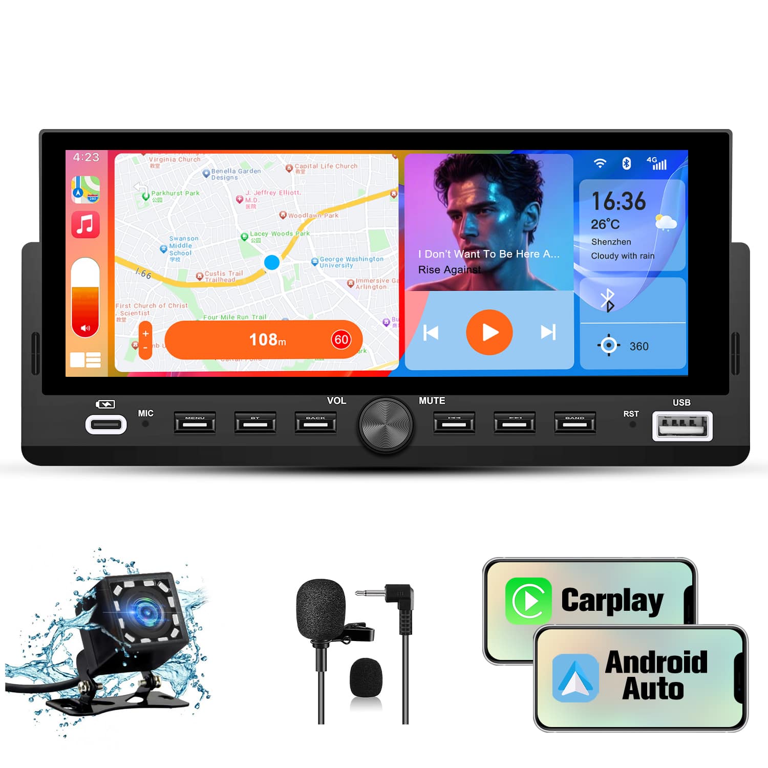 Junsun - 6.86"Wireless carplay Android Auto Universal Car Stereo Radio Touchscreen Player Bluetooth Microphone+ Rear Camera - Black