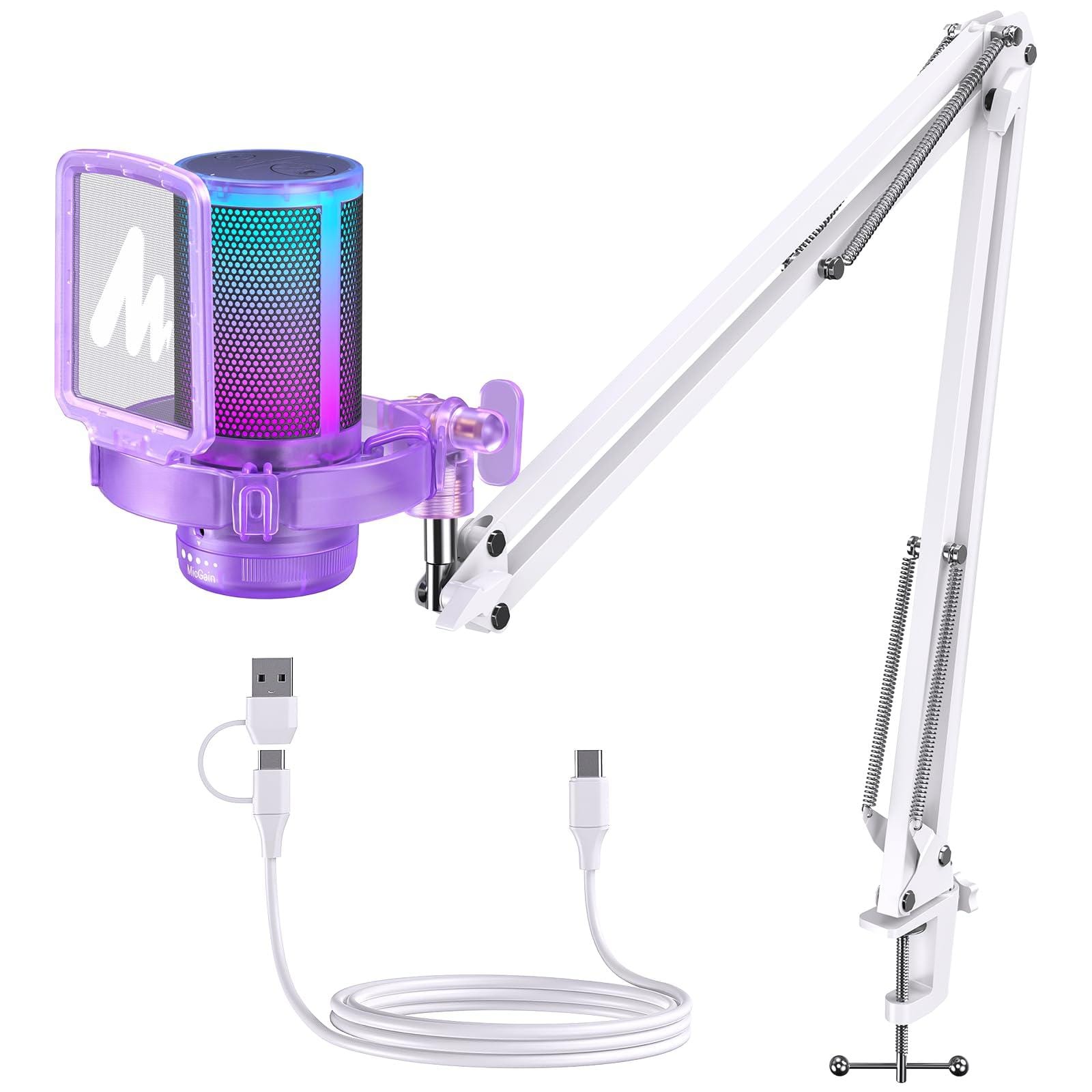 Cedar Assembly - Usb Gaming Microphone With Noise Cancellation Computer Pc Mic Boom Arm Rgb Light Mute Gain Monitoring Streamin - Purple