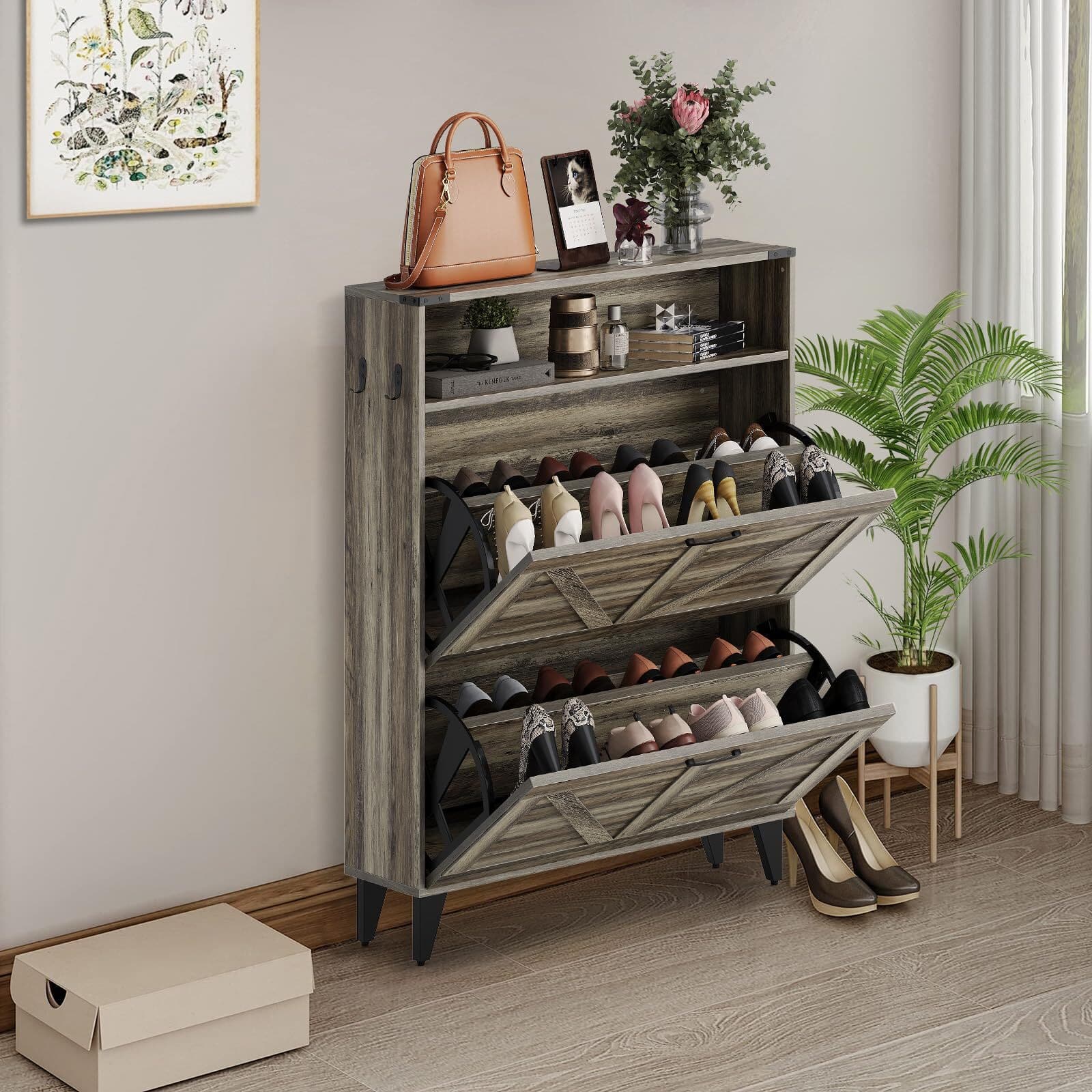 Babevy - Farmhouse Style Slim Shoe Storage Cabinet with Flip Drawers, Adjustable Compartments, and Sturdy Metal Legs - Gray