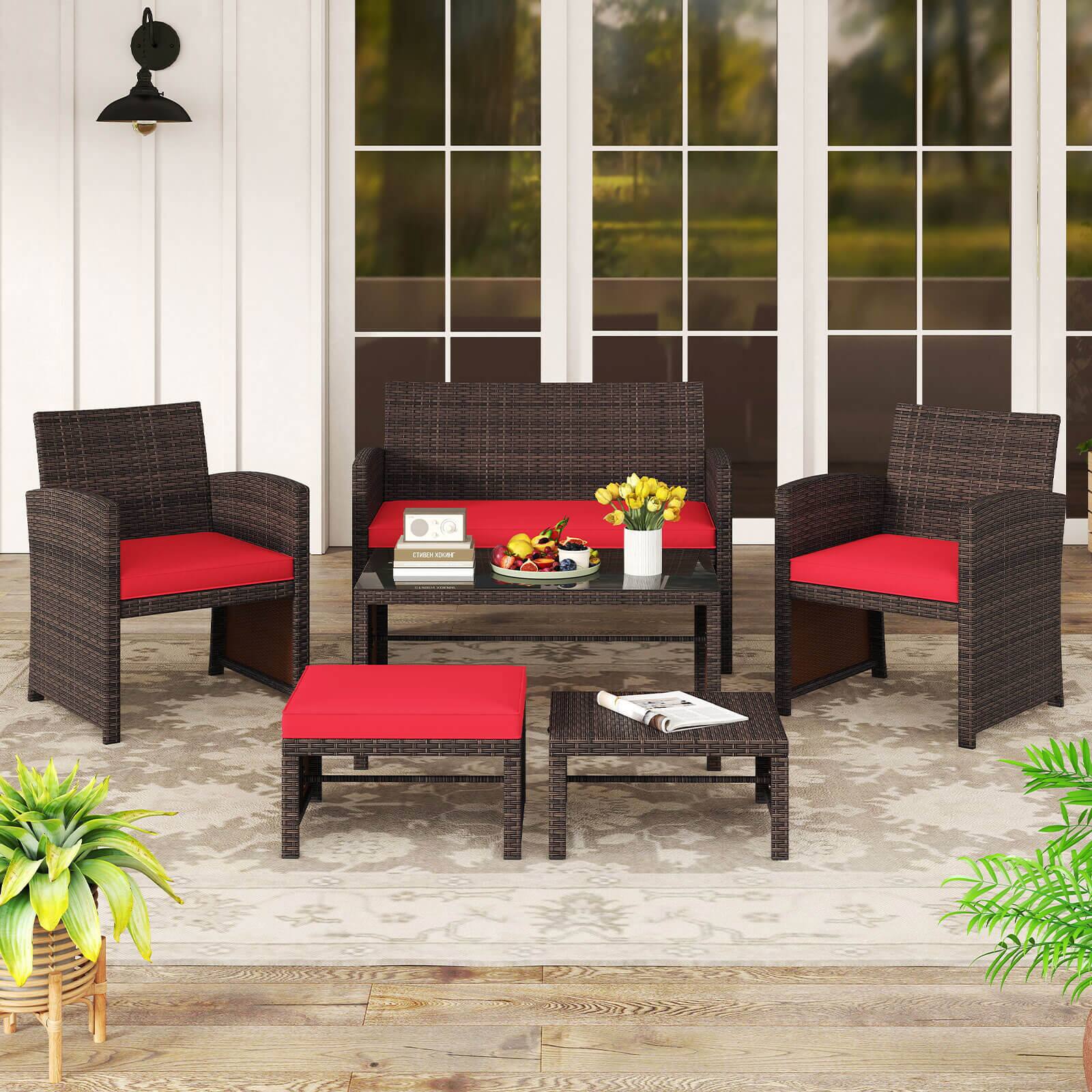 Alt View 4. Gymax - Gymax 6 PCS Patio Furniture Set w/ 1 Loveseat 1 Coffee Table 2 Armchairs 2 Ottomans Red - Mix Brown, Red.