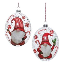 BreeBe - Glass Peppermint Gnome Disc Ornament (Set of 12) - Red, White