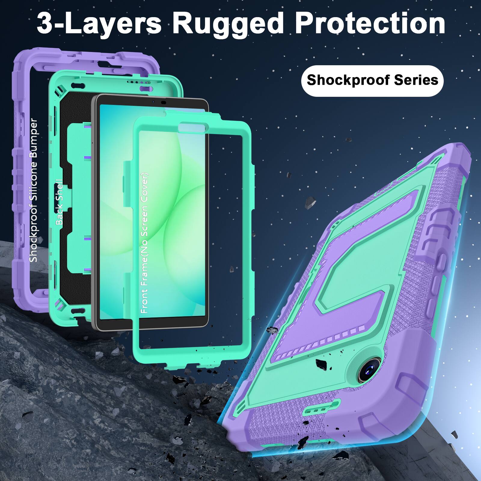 3-Layers Rugged Protection  
Shockproof Series  

- Shockproof Silicone Bumper  
- Back Shell  
- Screen Cover  
- Front Frame (No Front Screen Frame)