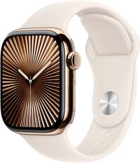 Angle. Apple - Apple Watch Series 10 (GPS+Cellular) 42mm Titanium Case with Starlight Sport Band - M/L - Gold.