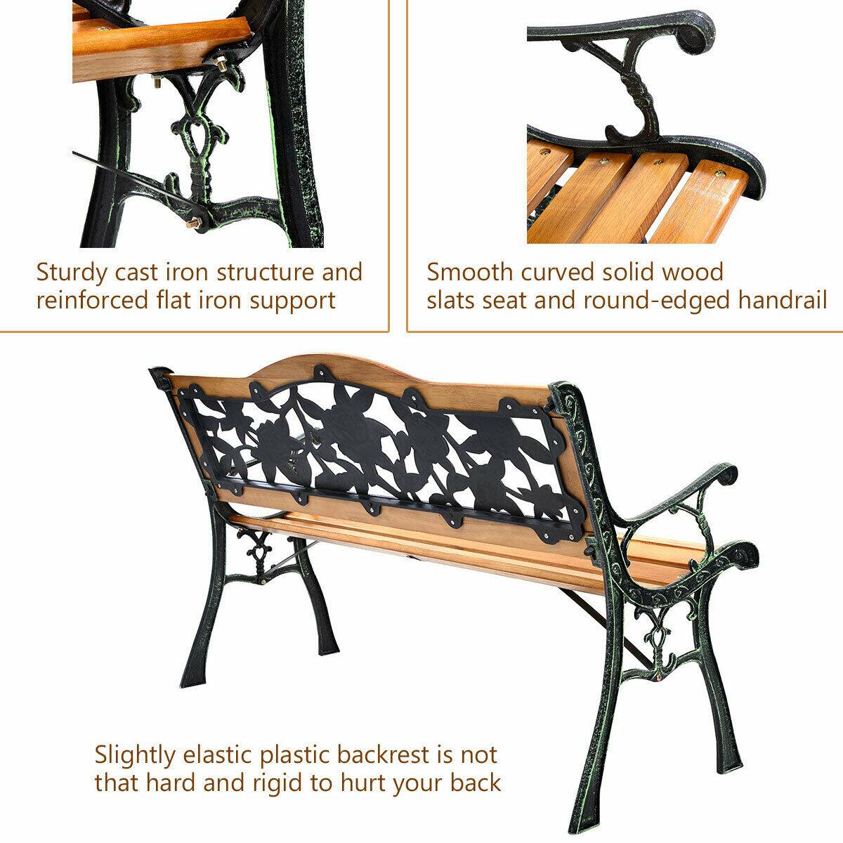 Sturdy cast iron structure and reinforced flat iron support
Smooth curved solid wood slats seat and round-edged handrail
Slightly elastic plastic backrest is not that hard and rigid to hurt your back