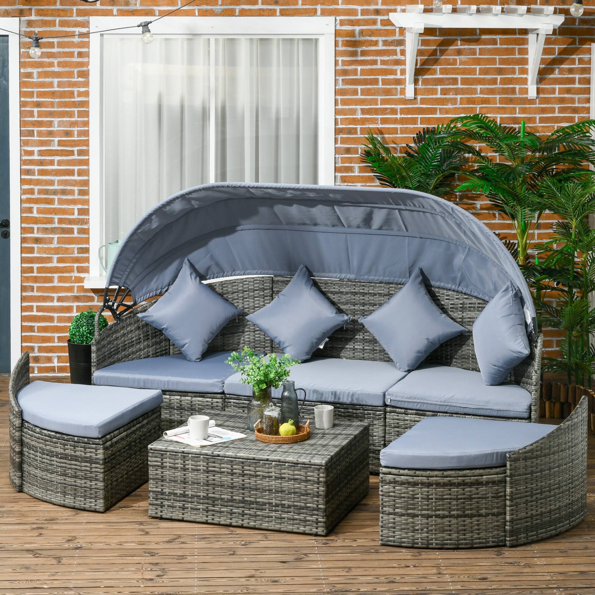 Alt View 1. Outsunny - 4-Piece Outdoor Rattan Furniture Set, Round Convertible Patio Daybed or Sunbed, Sectional Sofa with Canopy, Pillows - Light Gray.