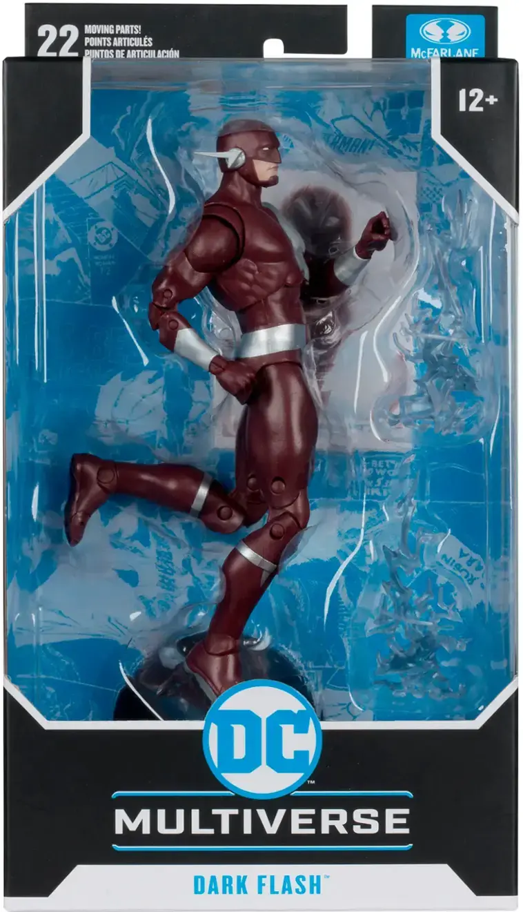 The image features a toy figure of the DC Multiverse Dark Flash. The figure is posed in a running position, showcasing its articulated parts. The toy is displayed in a plastic case, which is designed to protect and showcase the figure. The packaging indicates that the figure has 22 points of articulation, making it a versatile and dynamic collectible for fans of the DC Multiverse series.