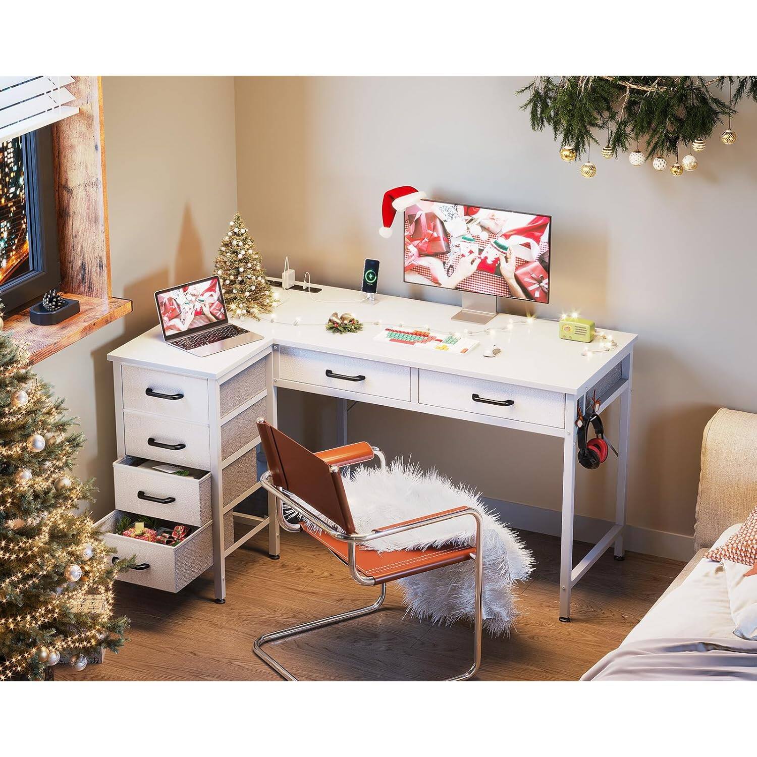 ELLwAker Zell Electronics 42 Inch L Shaped DeskSix Drawers, Power