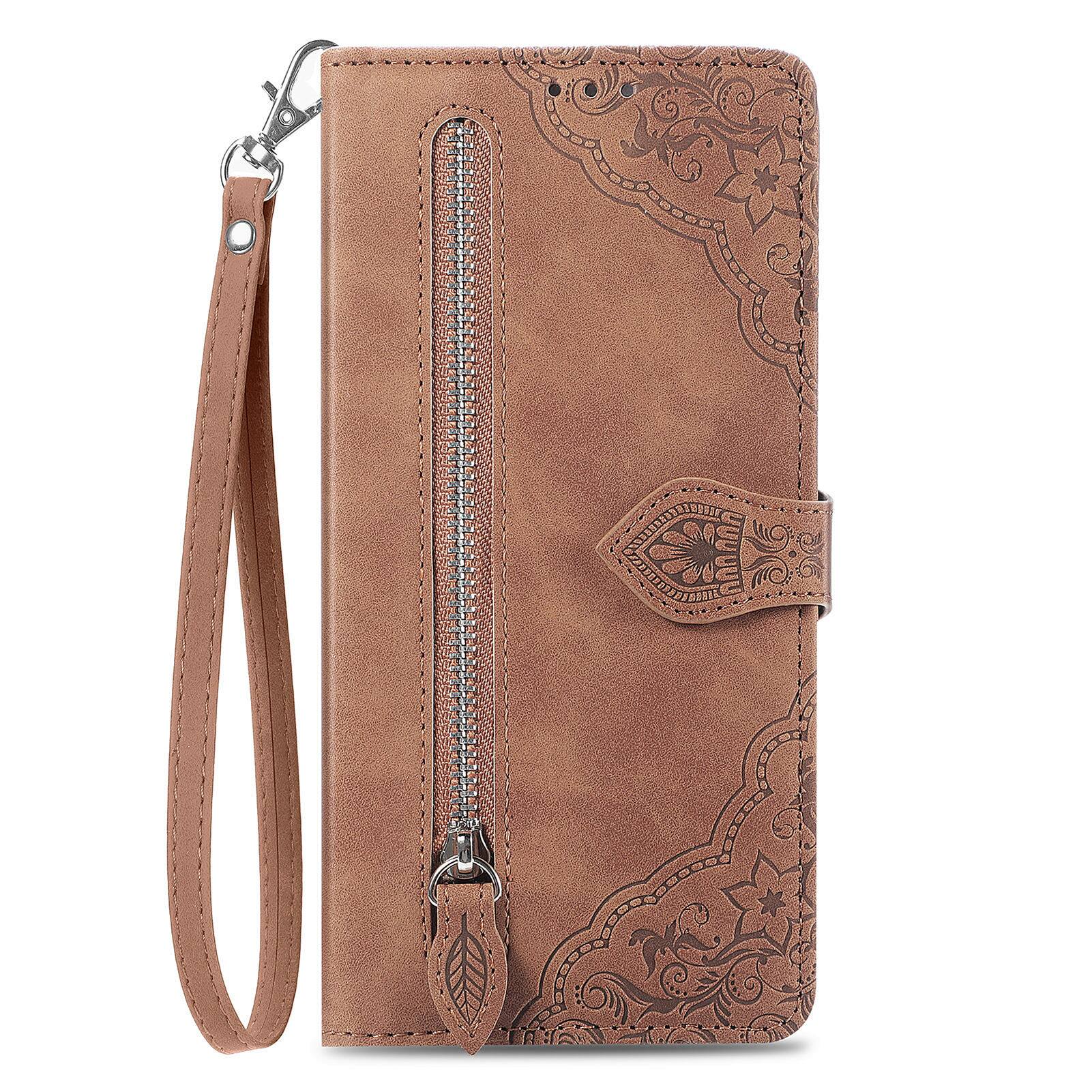 Left. Dteck - for Motorola Edge (2025) Wallet Case,Folio Shockproof PU Leather Card Holder Cover with Zipper Pocket & Wrist Strap - Brown.