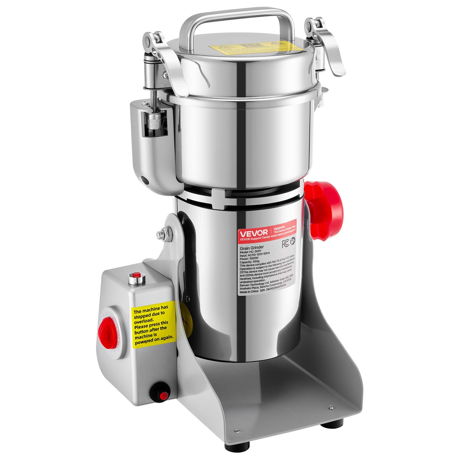 Upgrade VEVOR Center VEVOR Support Grain Grinder FC Model HC 300Y ACTIO DDV $0.49

hput: Power 1500W Capacity 350g

This device comples d Operation subject: cause device may not (This nut! and (Zine device received, including undesired operation H ABMIC Samen Technology Kanchen Arahelm Madel = China Place SIN 282025420015

machine has The due to stopped overload. press this Please after the button is machine no again. powered