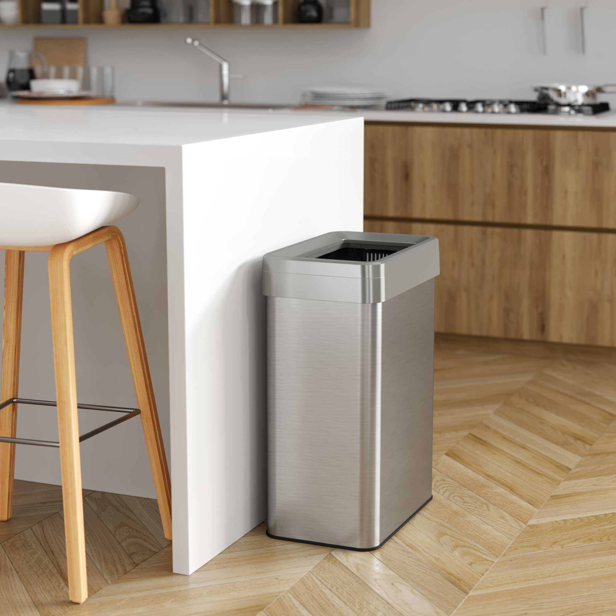 Left. iTouchless - 16 Gallon Stainless Steel Rectangular Open Top Kitchen Trash Can with Wheels and Dual AbsorbX Odor Filters - Silver.