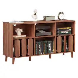 Babevy - 55 in Large Record Player Stand with Charging Station - Vinyl Record Storage Cabinet with 2 USB Ports, Open Shelves - Brown