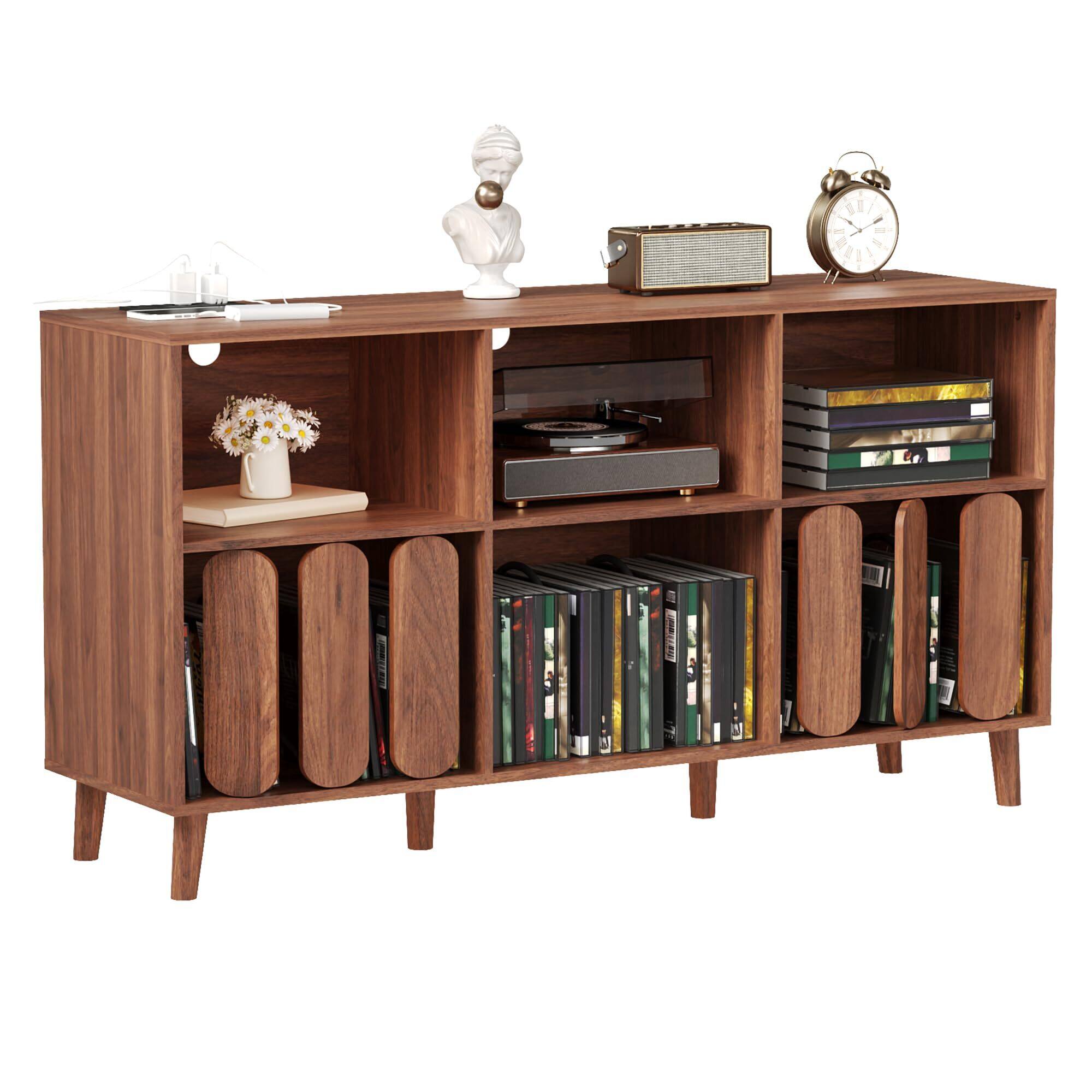 Front. Babevy - 55 in Large Record Player Stand with Charging Station - Vinyl Record Storage Cabinet with 2 USB Ports, Open Shelves - Brown.