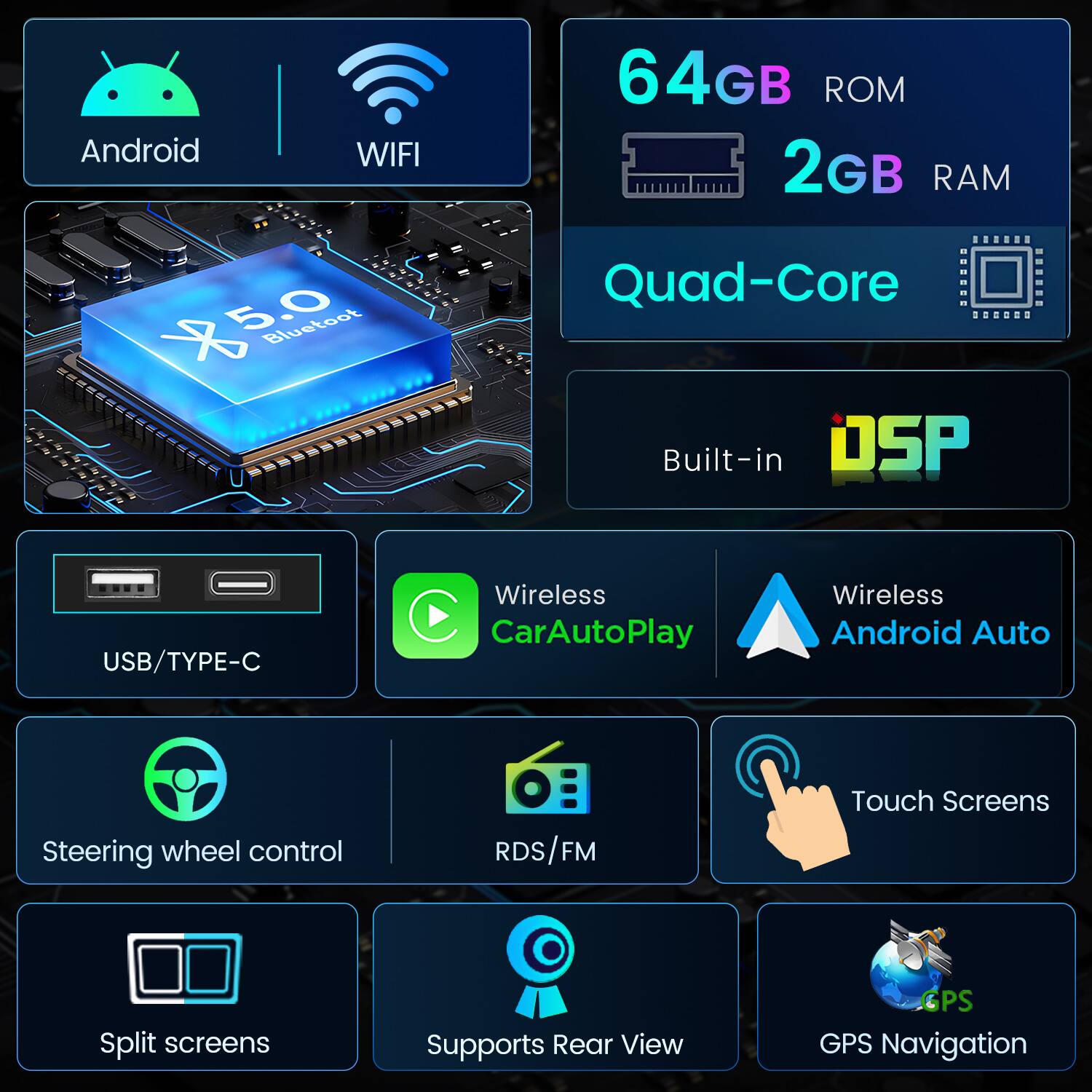 Android WIFI Xo 5.0 Bluetooth 64GB ROM 2GB RAM Quad-Core Built-in DSP USB/TYPE-C Wireless CarAutoPlay Wireless Android Auto Steering wheel control RDS/FM Touch Screens Split screens Supports Rear View GPS GPS Navigation