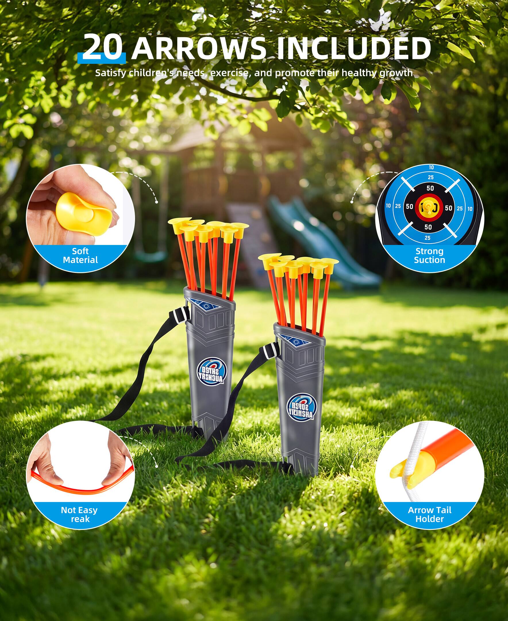 20 ARROWS INCLUDED  
Satisfy children's needs, exercise, and promote their healthy growth  

- Soft Material  
- Strong Suction  
- Not Easy to Break  
- Arrow Tail Holder