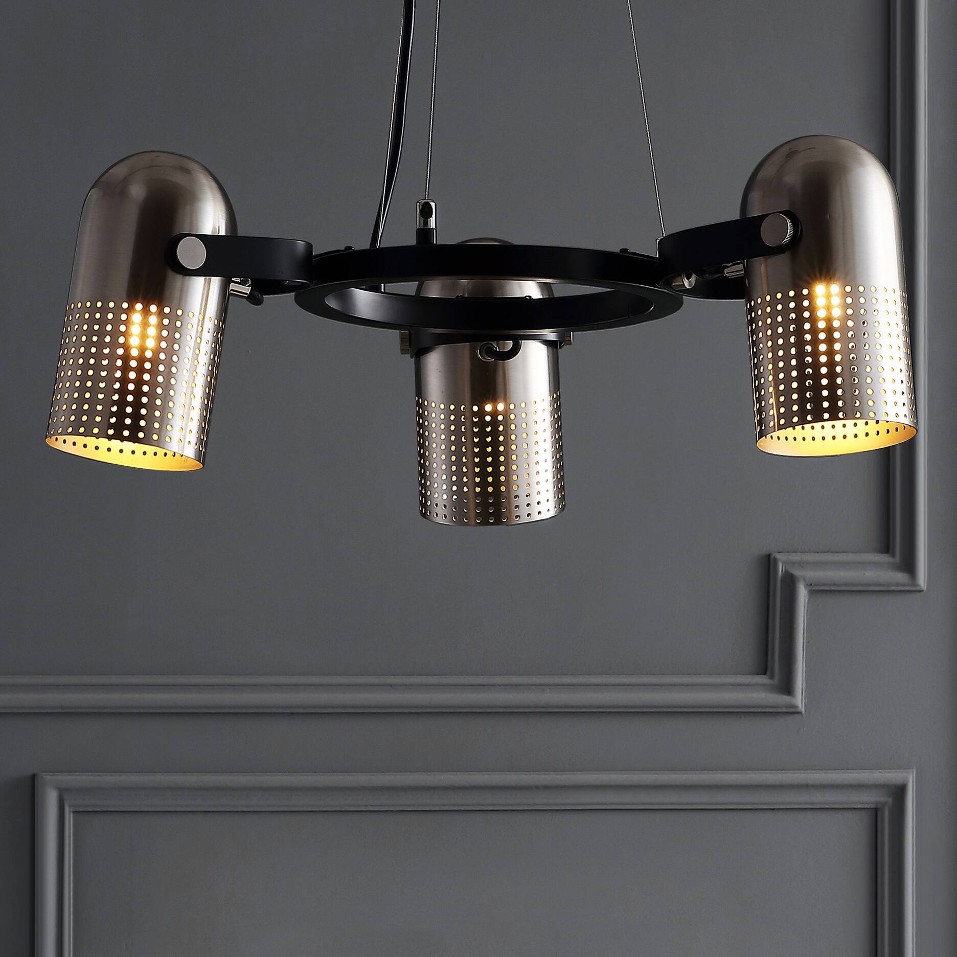 Alt View 1. Jonathan Y - Loki 22" 3-Light Adjustable Metal LED Chandelier, Brushed Nickel/Black - Brushed Nickel/Black.
