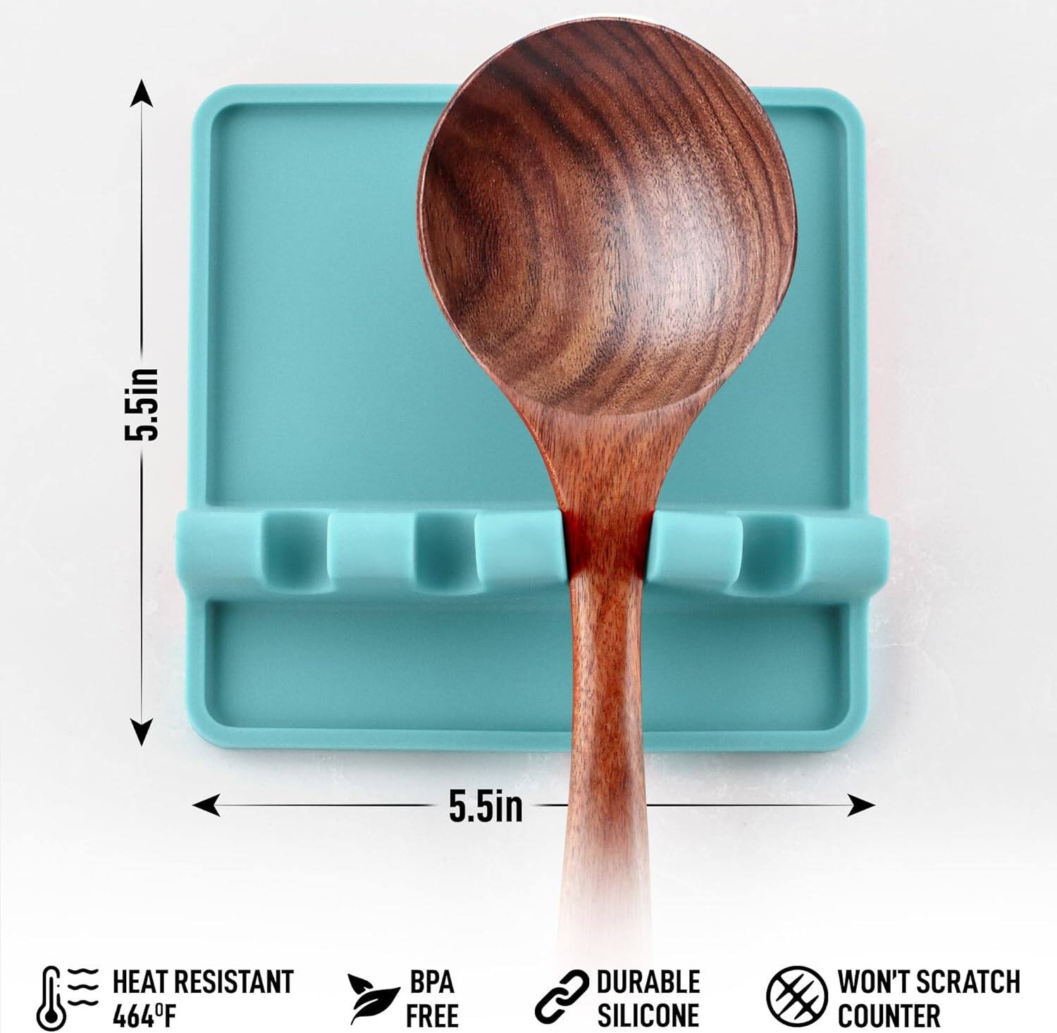 5.5in x 5.5in  
HEAT RESISTANT 464°F  
BPA FREE  
DURABLE SILICONE  
WON'T SCRATCH COUNTER