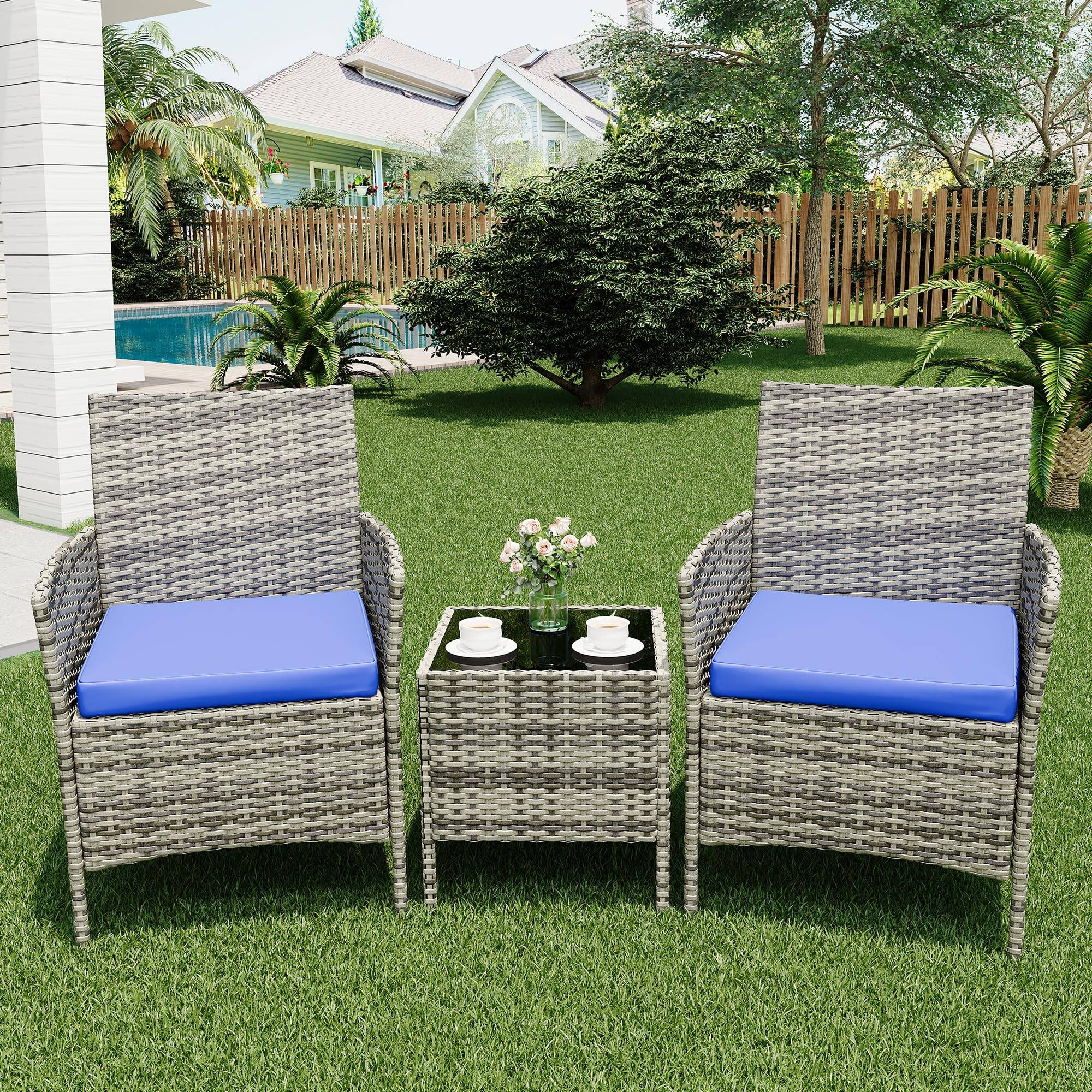 Left. Homhougo - 3 Pieces Outdoor Patio Furniture Sets, Rattan Patio Table and Chairs Set Grey and Blue - Blue.