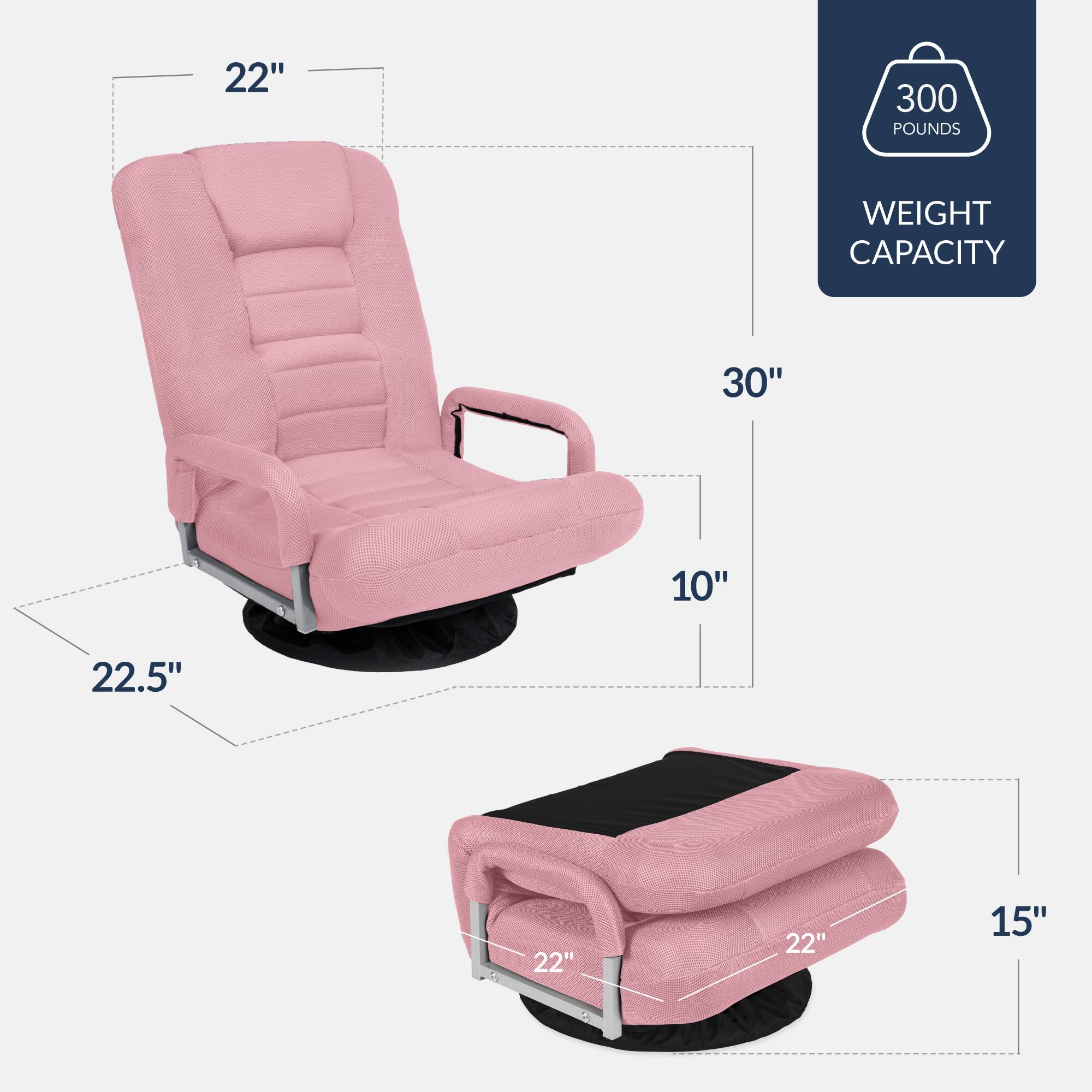 - 22" (width)
- 30" (depth)
- 10" (height)
- 22.5" (seat width)
- 15" (footrest width)
- 22" (footrest depth)
- 300 pounds weight capacity