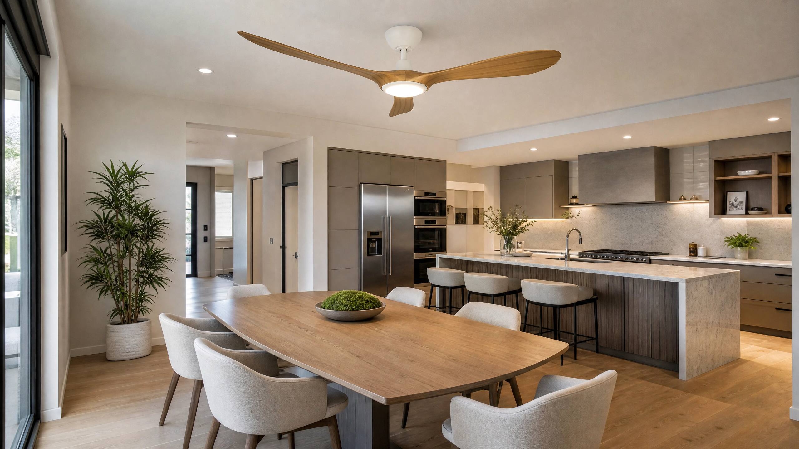 Left. ENLIGHT - 56" Smart Ceiling Fan, IP66 Outdoor/Coastal, CCT & Dimmable LED, Durable, Efficient & Quiet DC Motor, Matter, 3 Blades - Bamboo Woodgrain.