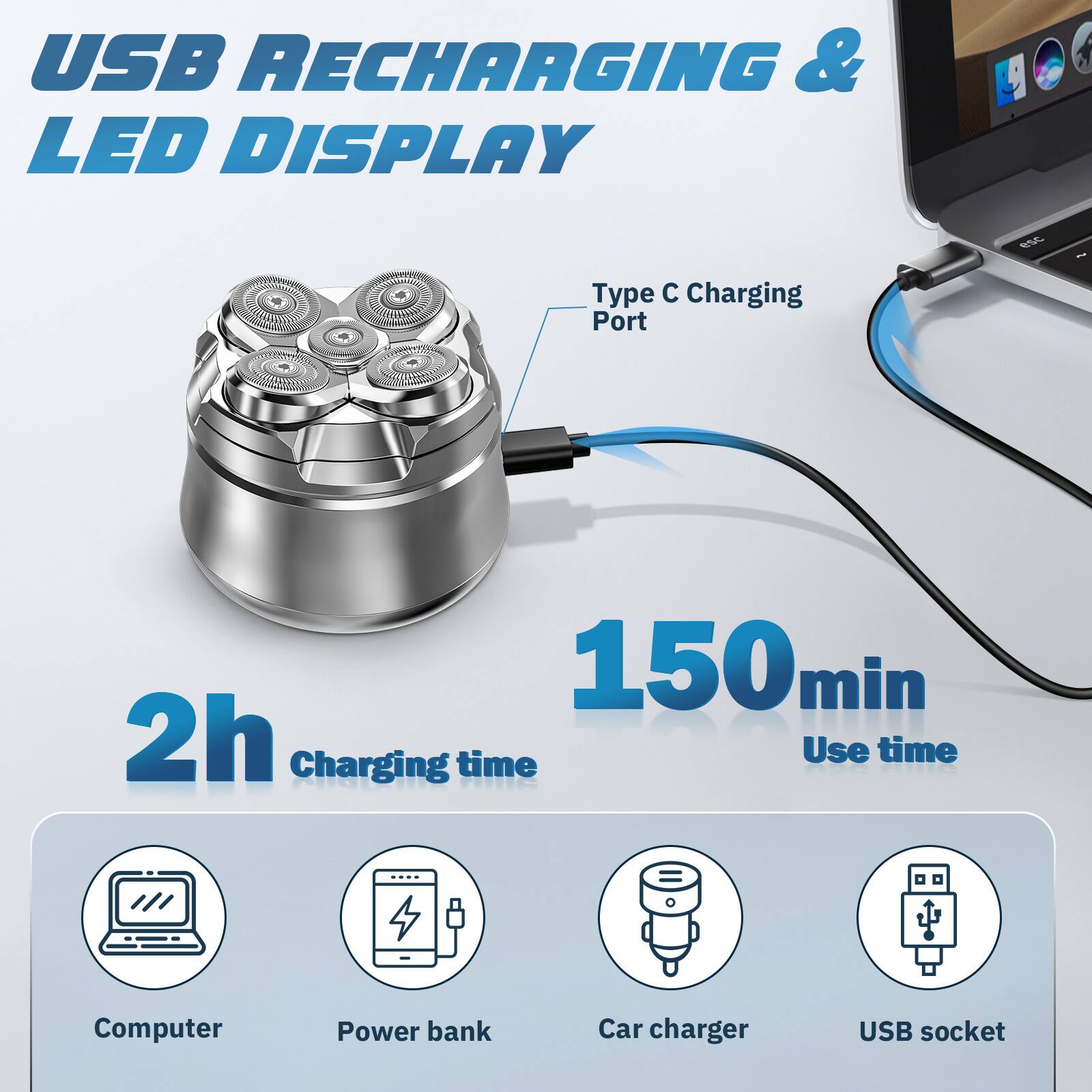 USB Recharging & LED Display

Type C Charging Port

2h Charging time

150min Use time

Computer  
Power bank  
Car charger  
USB socket