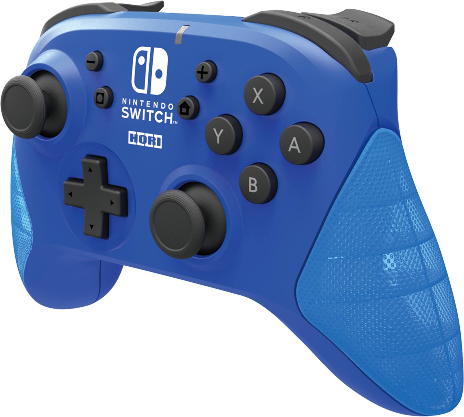 The image features a blue Nintendo Switch controller with a blue and black color scheme. The controller has a blue and black grip and a blue and black back. It is designed for use with the Nintendo Switch gaming system.