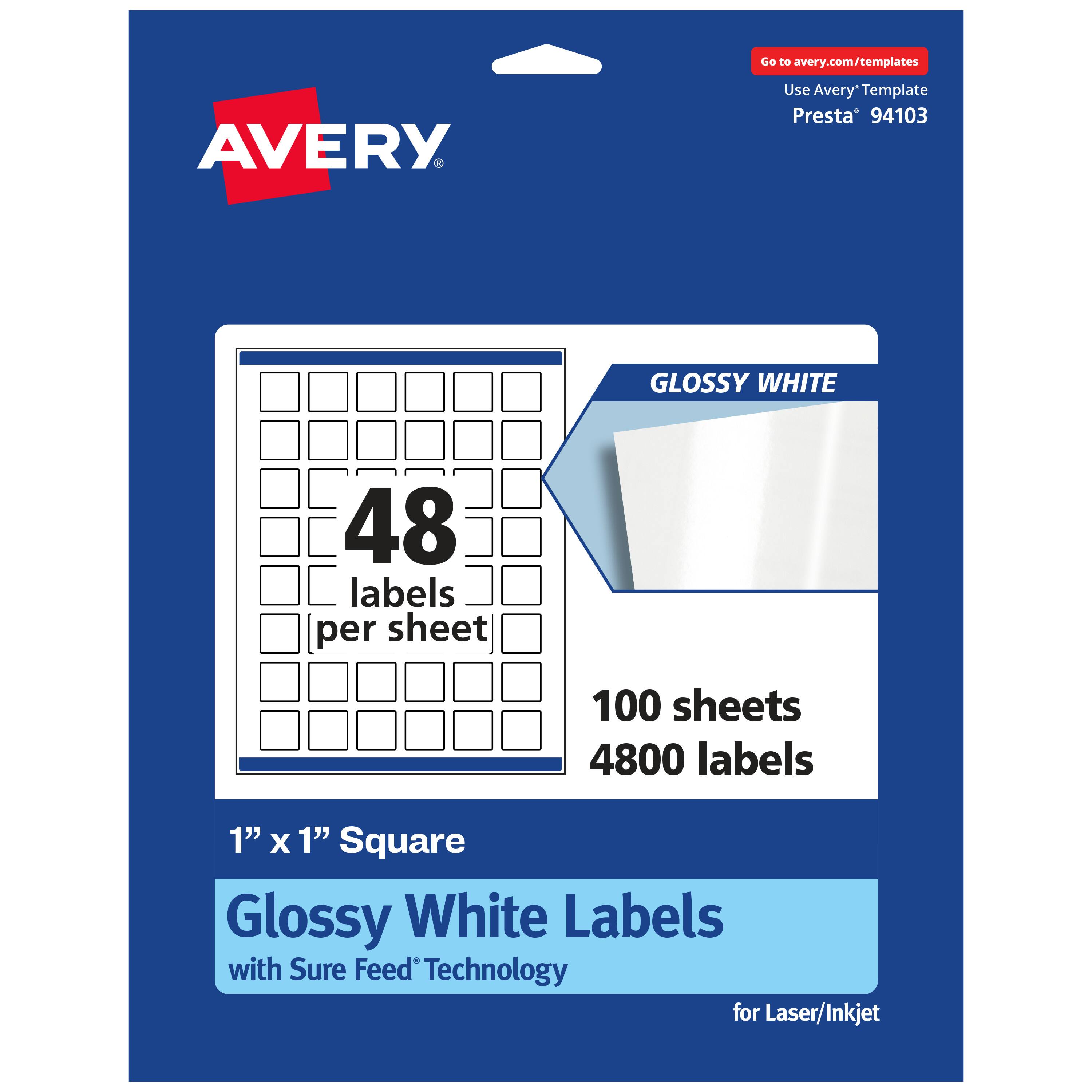 Go to avery.com/templates

AVERY

Use Avery Template Presta' 94103

GLOSSY WHITE

48 labels per sheet

100 sheets

4800 labels

1" x 1" Square Glossy White Labels with Sure Feed Technology for Laser/Inkjet