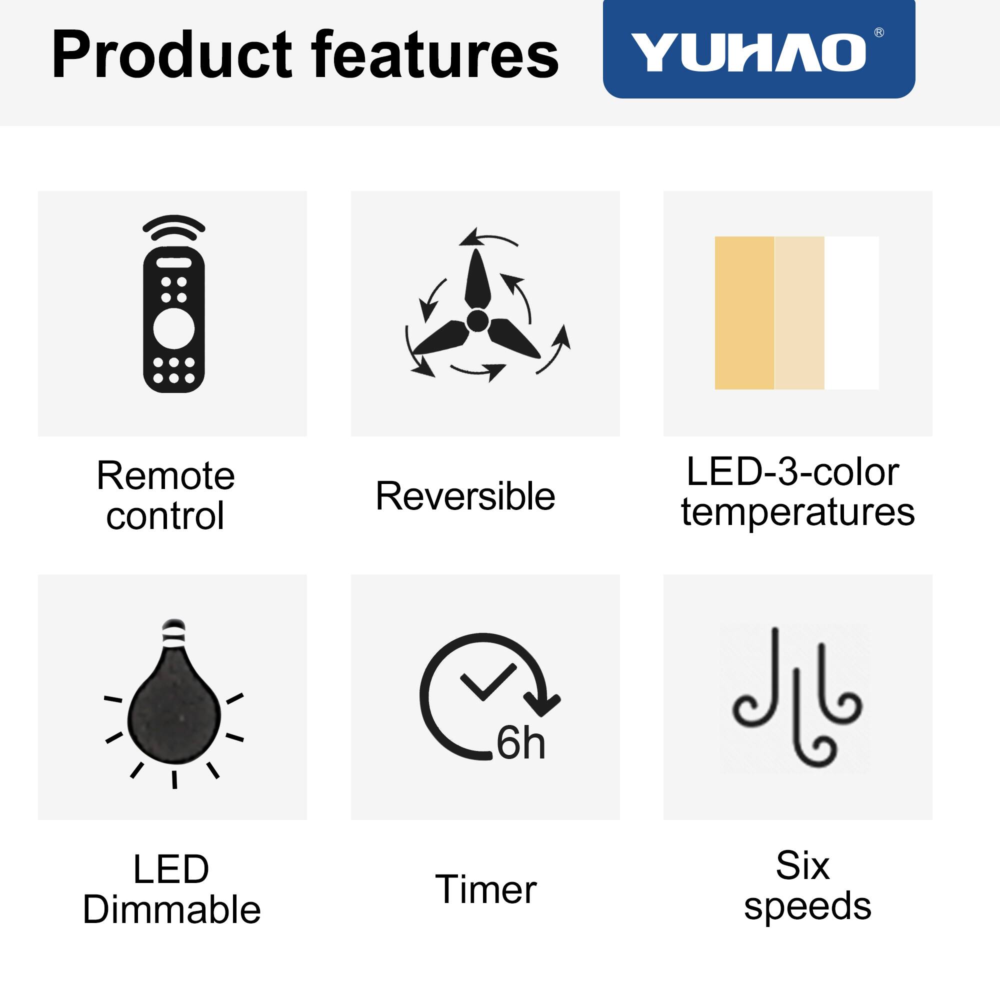 Product features

- Remote control
- Reversible
- LED-3-color temperatures
- LED Dimmable
- Timer (6h)
- Six speeds