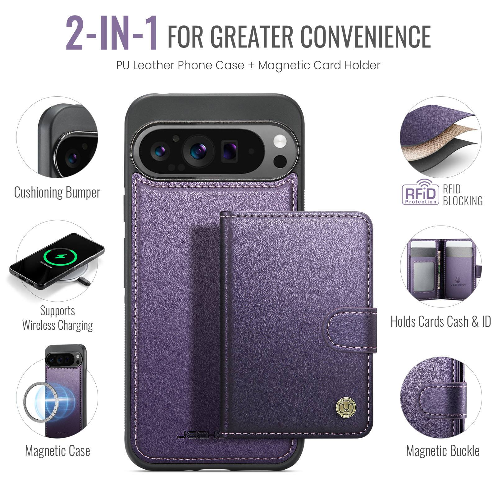 2-IN-1 FOR GREATER CONVENIENCE  
PU Leather Phone Case + Magnetic Card Holder  
Cushioning Bumper  
RFID Protection BLOCKING  
Supports Wireless Charging  
Holds Cards Cash & ID  
Magnetic Case  
Magnetic Buckle