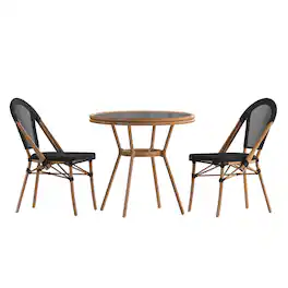 Emma + Oliver - Massalia Indoor/Outdoor Bistro Style 31.5 in. Table with Textilene, Glass Top, and Two Chairs - Metal Frame - Black Textilene/Natural Frame