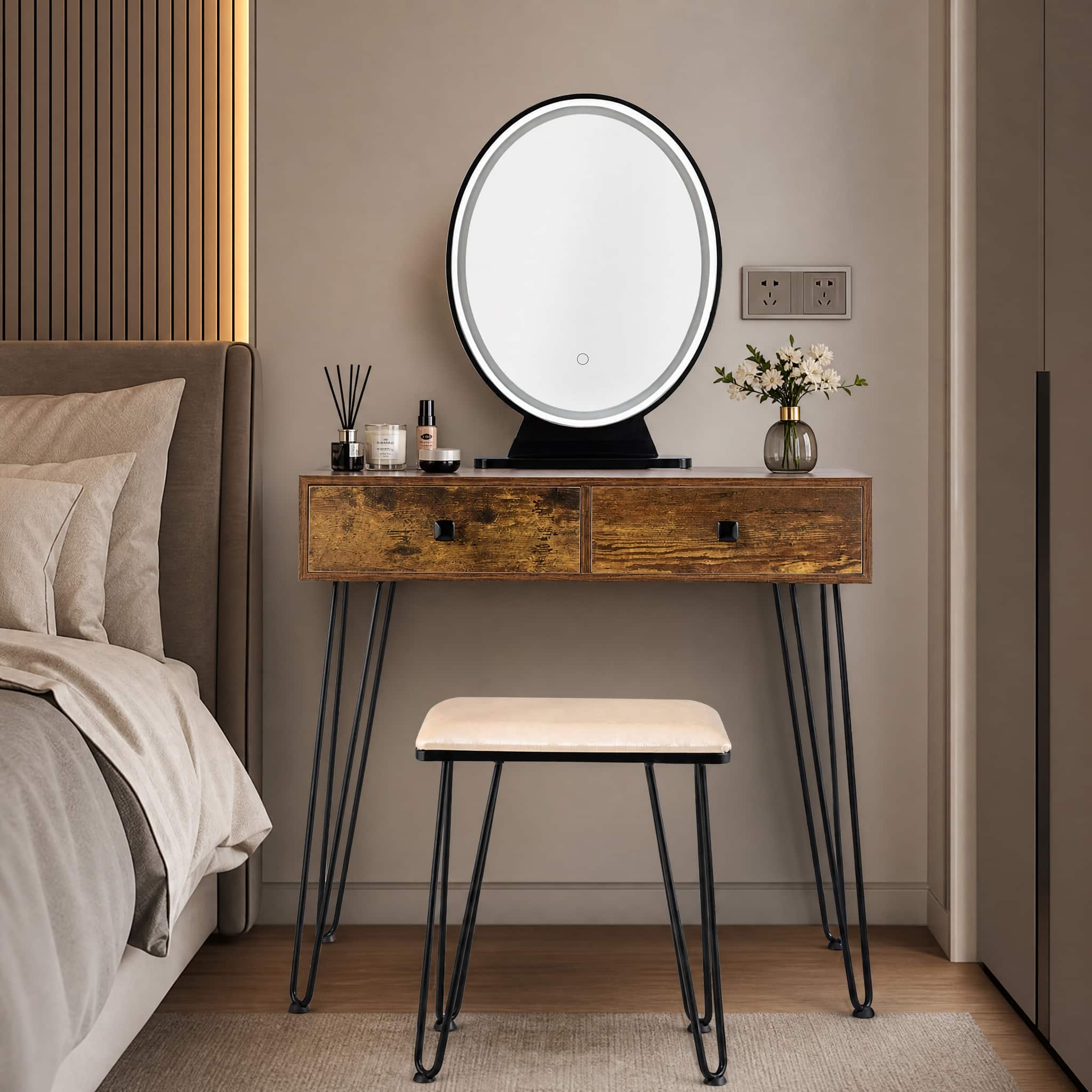 WELLFOR - Makeup Vanity Desk with Detachable 3‑Color Lighted Mirror, Acrylic Cosmetic Organizer and Cushioned Stool for Bedroom - Rustic Brown