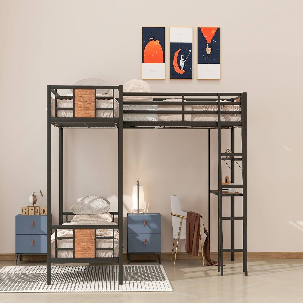 Alt View 1. Loheer - Loheer L-Shaped Twin Over Twin Bunk Bed with Loft Bed Desk and Shelves Black Metal - Black.