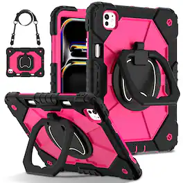 Dteck - Case for Apple iPad Pro 13-inch (M5) 2025/(M4) 2024 , 3-Layer Rugged Kickstand Handle Grip Cover+Strap - Black Rose