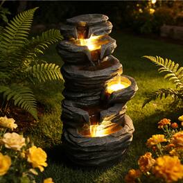 Anysun - Outdoor Waterfall Fountain with Lights – Stacked Rock Cascading Water Feature, Resin Garden Decor for Patio, Yard - Gray