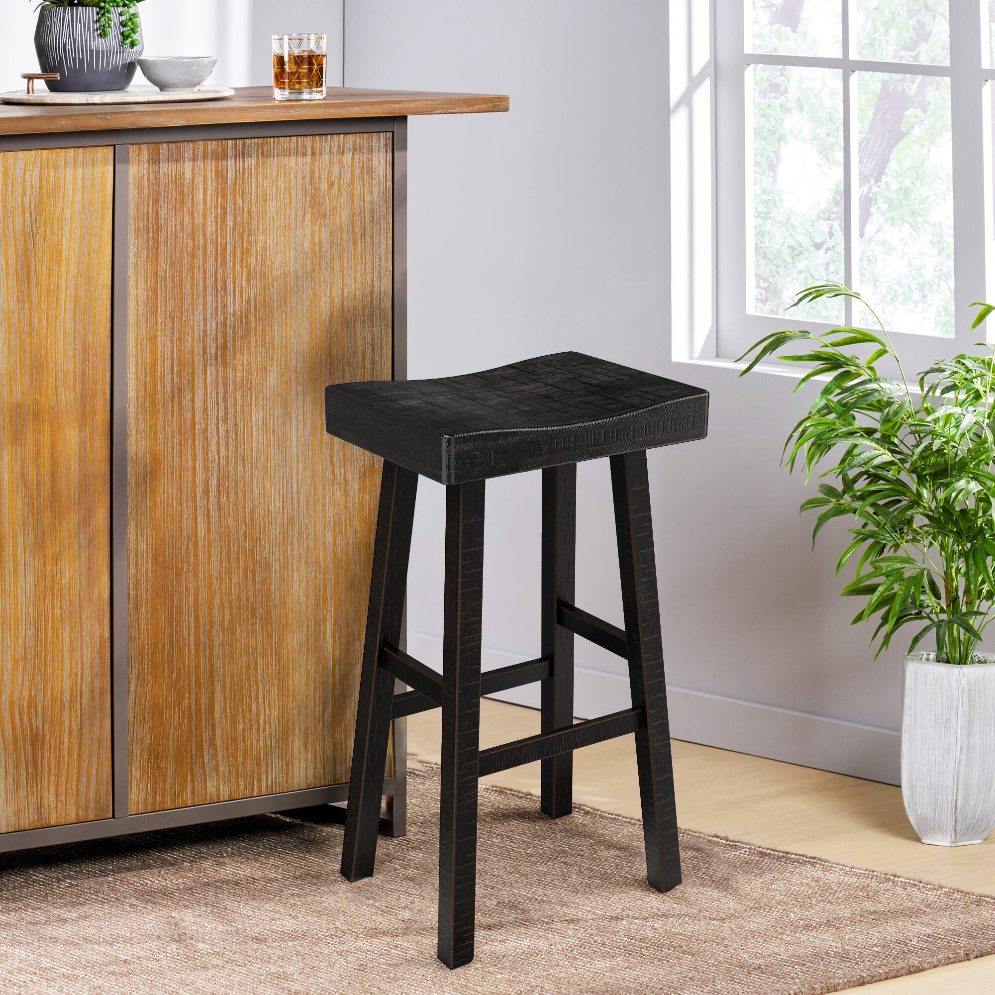 Left. Vaczon - 29" Solid Wood Bar Stools, Set of 2, Finish with Comfortable Contour Seats for Kitchen or Bar - Black.