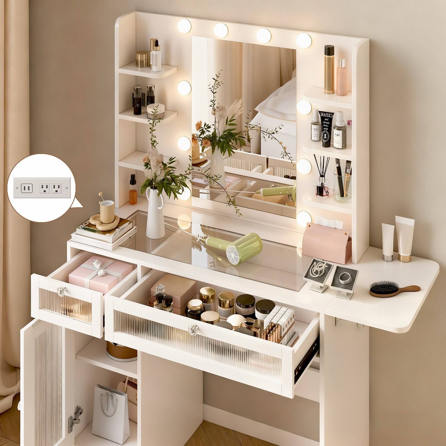 Alt View 1. Dyonery - Dyonery Vanity Desk with Mirror, LED Lights and Power Outlet Makeup Vanity Table with 2 Drawers and 6 Storage Shelves - White.