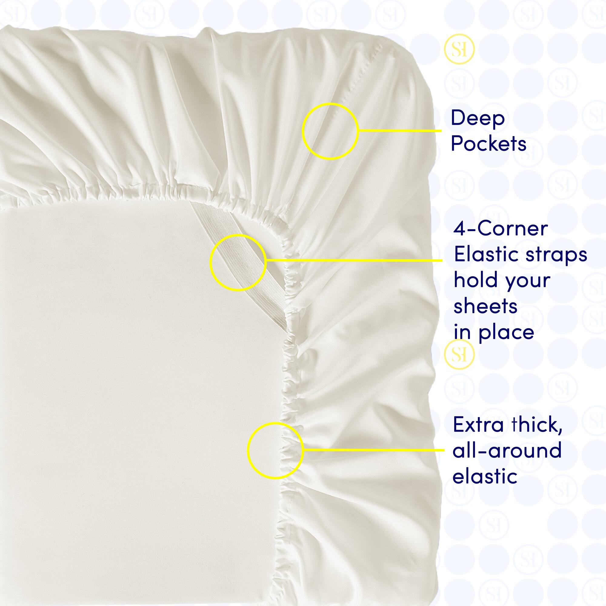 - Deep Pockets
- 4-Corner Elastic straps hold your sheets in place
- Extra thick, all-around elastic