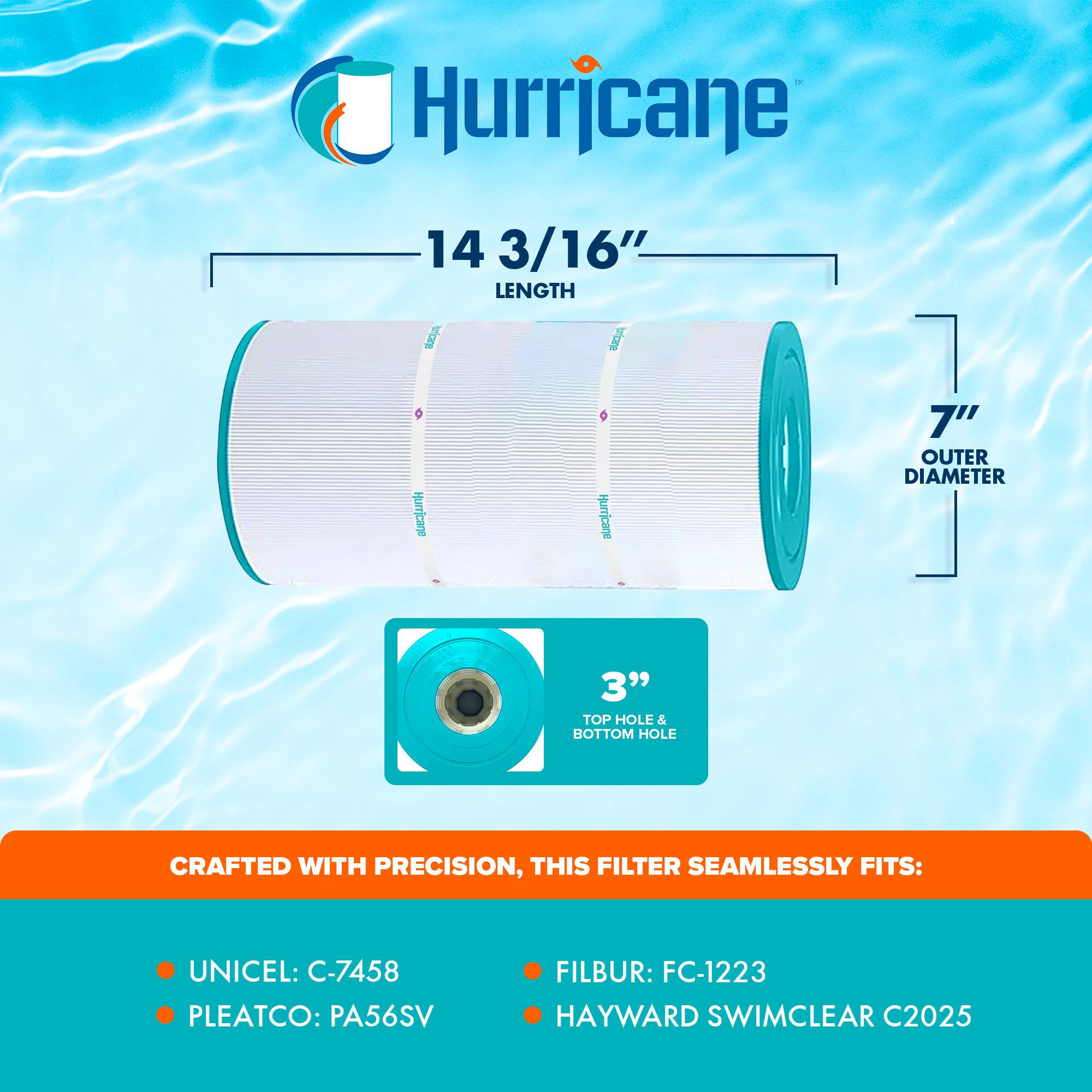 Hurricane

14 3/16" LENGTH

7" OUTER DIAMETER

3" TOP HOLE & BOTTOM HOLE

CRAFTED WITH PRECISION, THIS FILTER SEAMLESSLY FITS:

- UNICEL: C-7458
- PLEATCO: PA56SV
- FILBUR: FC-1223
- HAYWARD SWIMCLEAR C2025