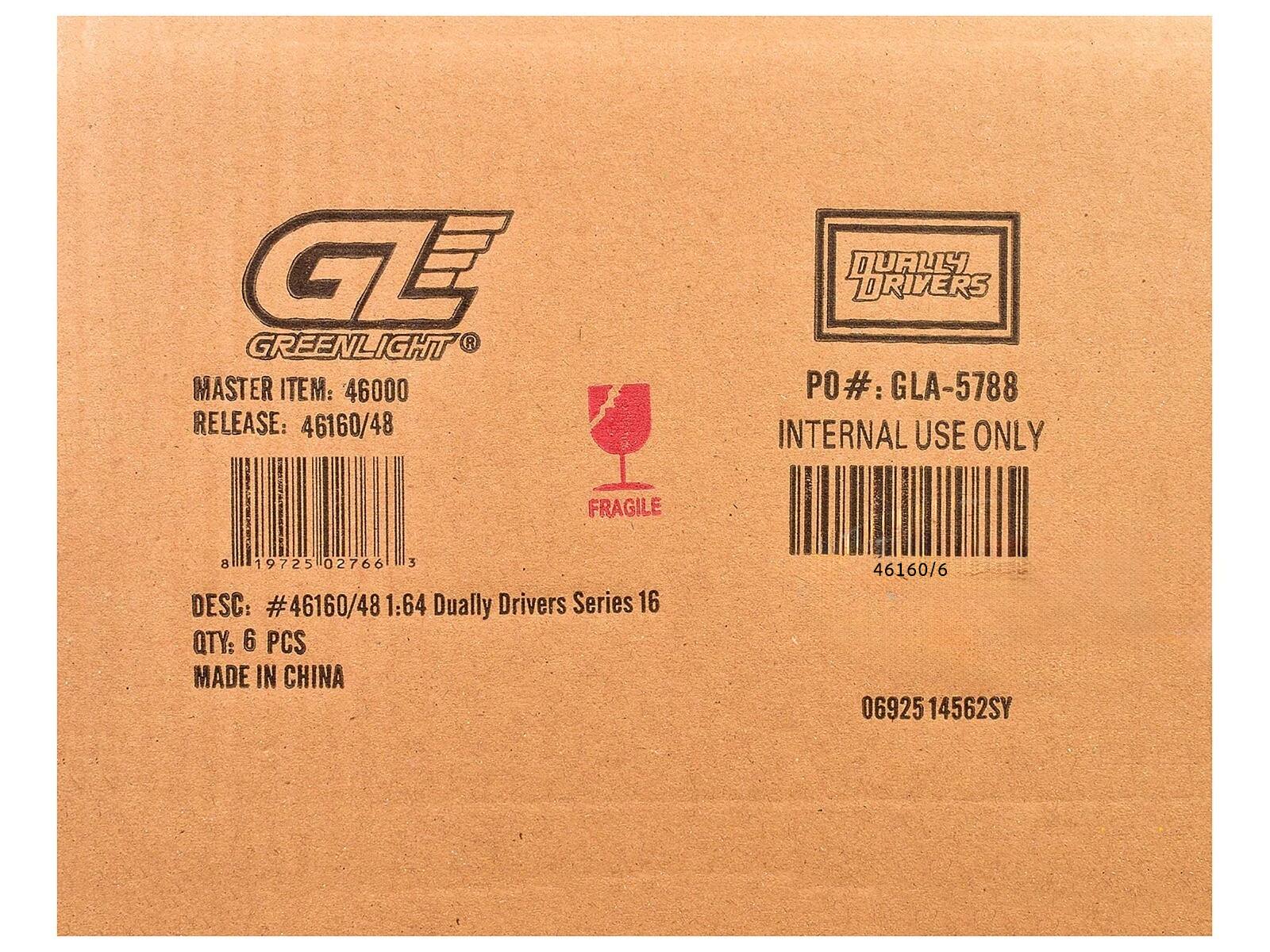 GREENLIGHT  
MASTER ITEM: 46000  
RELEASE: 46160/48  

PO#: GLA-5788  
INTERNAL USE ONLY  

DESC: #46160/48 1:64 Dually Drivers Series 16  
QTY: 6 PCS  
MADE IN CHINA  

FRAGILE  

0692514562SY