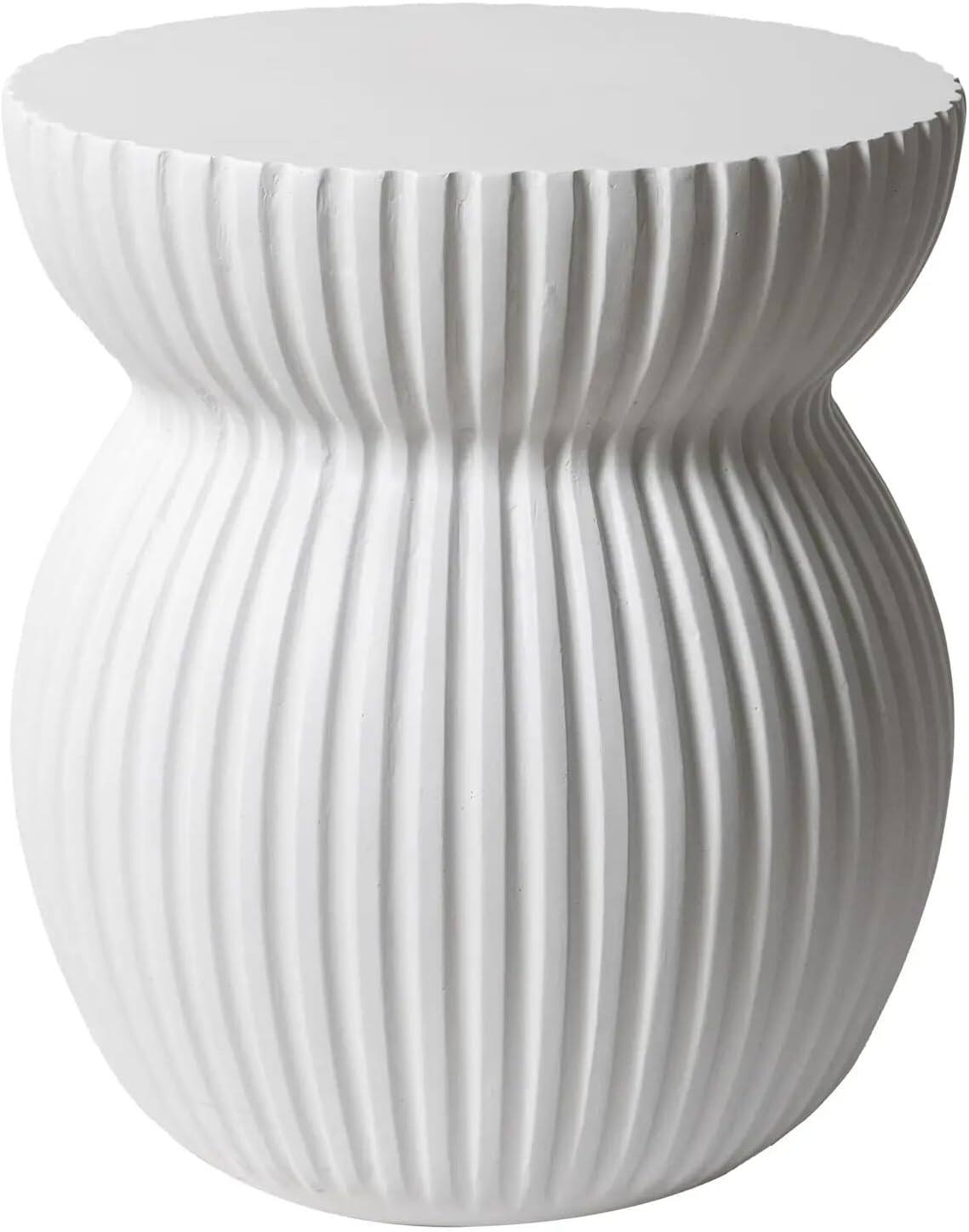 Back. LeisureMod - Mander Sculptural Hourglass Side Table - Ribbed Fiberstone Weather Resistant Outdoor Accent Table - White.