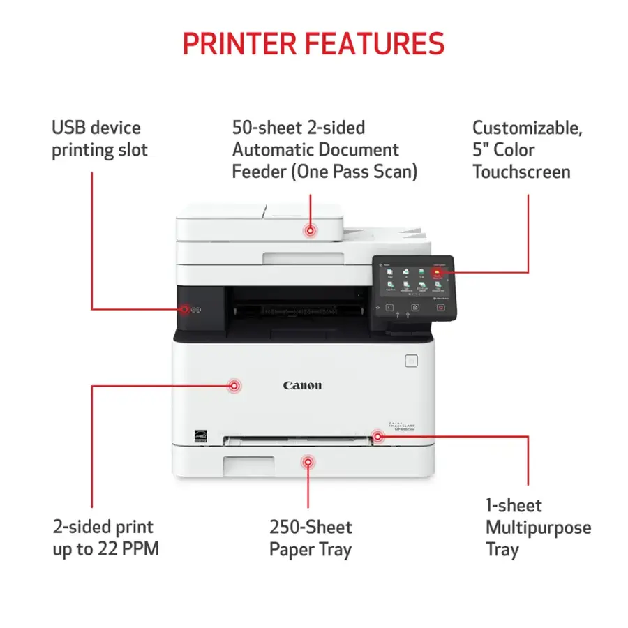PRINTER FEATURES:

* USB device printing slot
* 50-sheet 2-sided printing
* Automatic Document Feeder (One Pass Scan)
* Customizable, 5" Color Touchscreen
* A5 I eedd Canon
* 2-sided print up to 22 PPM
* 250-Sheet Paper Tray
* 1-sheet Multipurpose Tray