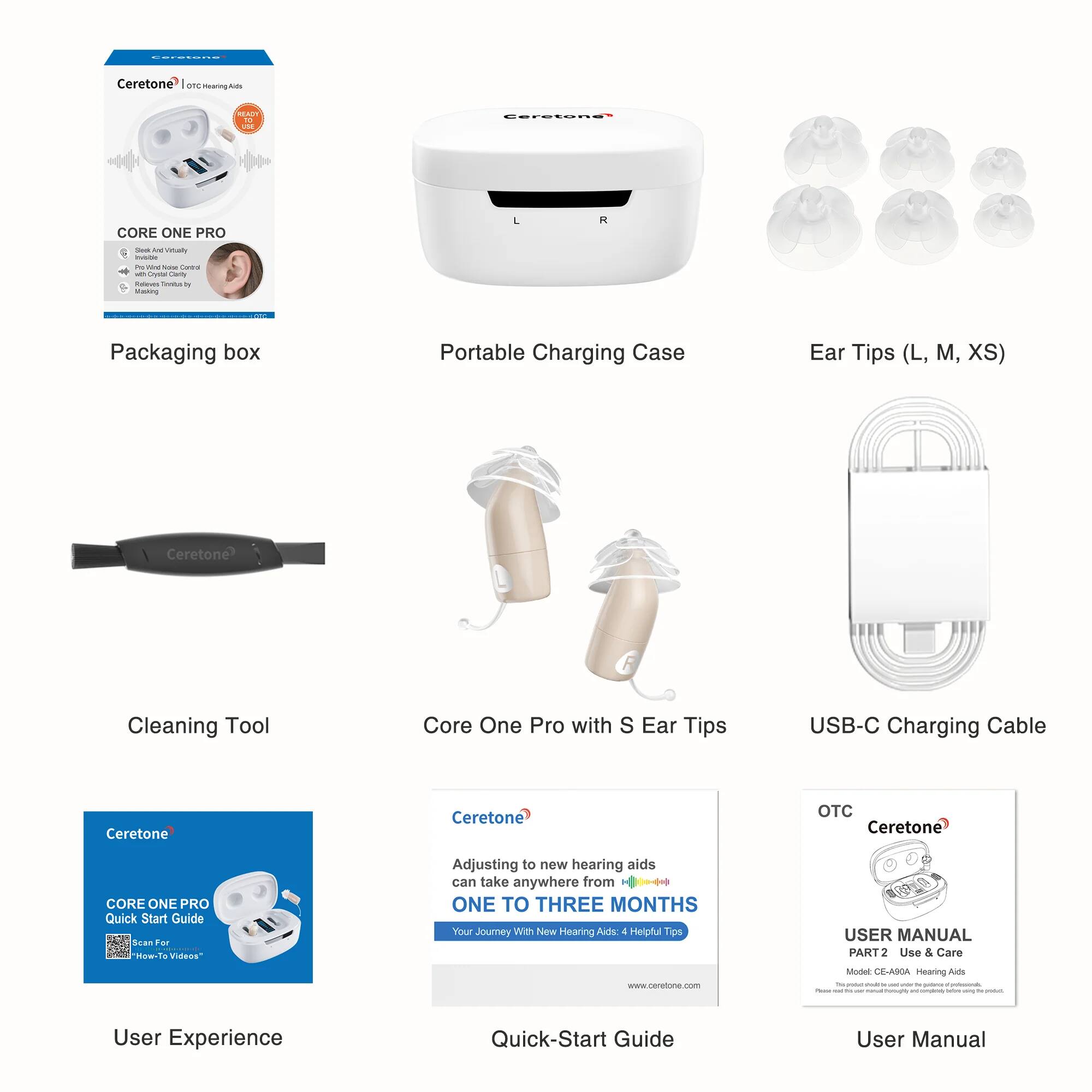 Ceretone OTC Hearing Aids  
CORE ONE PRO  

Packaging box  
Portable Charging Case  
Ear Tips (L, M, XS)  
Cleaning Tool  
Core One Pro with S Ear Tips  
USB-C Charging Cable  

Ceretone CORE ONE PRO Quick Start Guide  
User Experience  
Quick-Start Guide  
User Manual  

Adjusting to new hearing aids can take anywhere from ONE TO THREE MONTHS  
Your Journey With New Hearing Aids 4 Helpful Tips  

USER MANUAL PART 2: Use & Care  
www.ceretone.com  
Model CE-ASA Hearing Aids