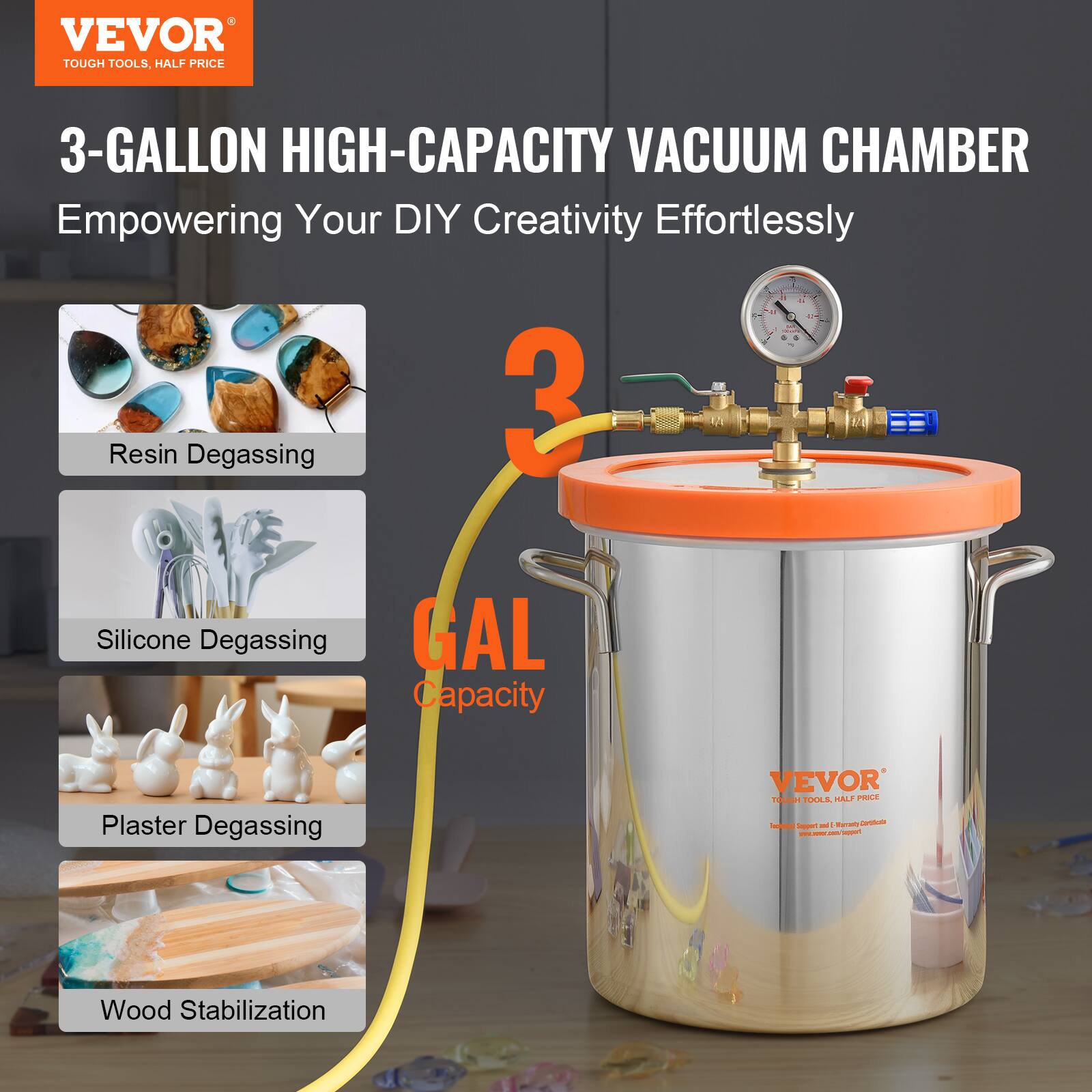 VEVOR TOUGH TOOLS, HALF PRICE

3-GALLON HIGH-CAPACITY VACUUM CHAMBER
Empowering Your DIY Creativity Effortlessly

Resin Degassing
Silicone Degassing
Plaster Degassing
Wood Stabilization

VEVOR TOUGH TOOLS, HALF PRICE
Technical Support: Maranh Carbohola