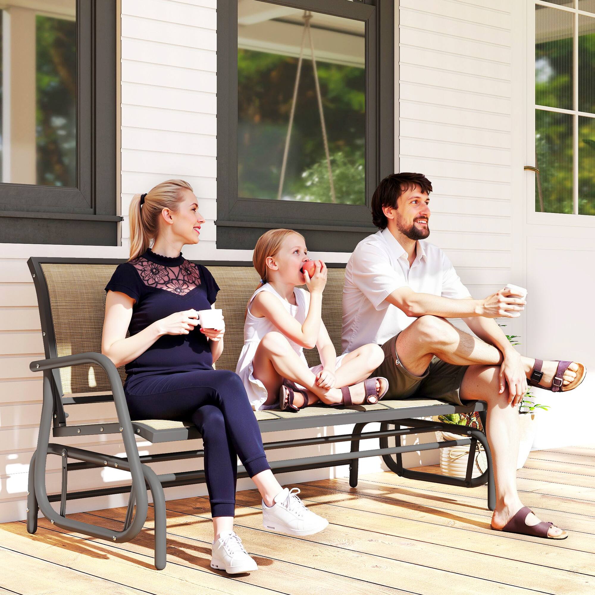 Alt View 1. Outsunny - Outdoor Patio Glider Bench, Porch Glider Swing with 3 Seats, Breathable Mesh Fabric - Light Mixed Brown.