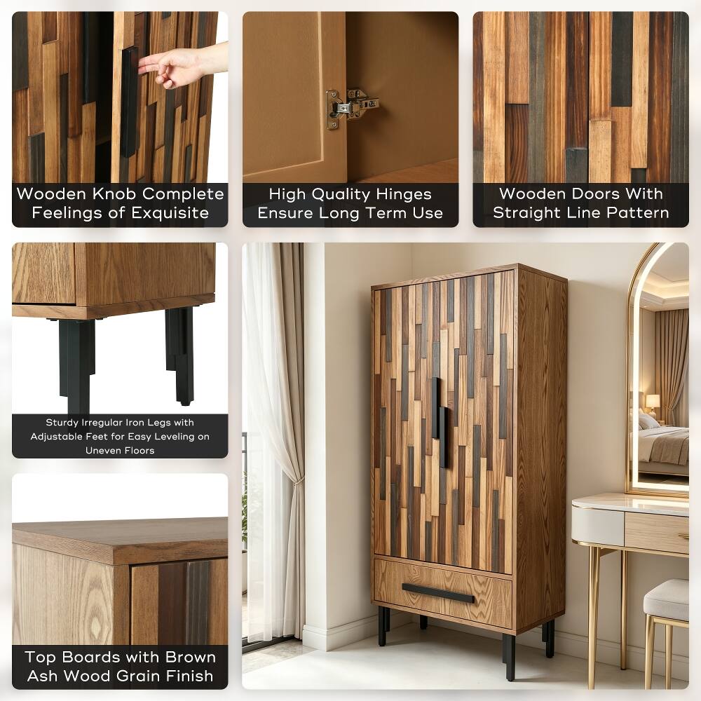 - Wooden Knob Complete Feelings of Exquisite
- High Quality Hinges Ensure Long Term Use
- Wooden Doors With Straight Line Pattern
- Sturdy Irregular Iron Legs with Adjustable Feet for Easy Leveling on Uneven Floors
- Top Boards with Brown Ash Wood Grain Finish