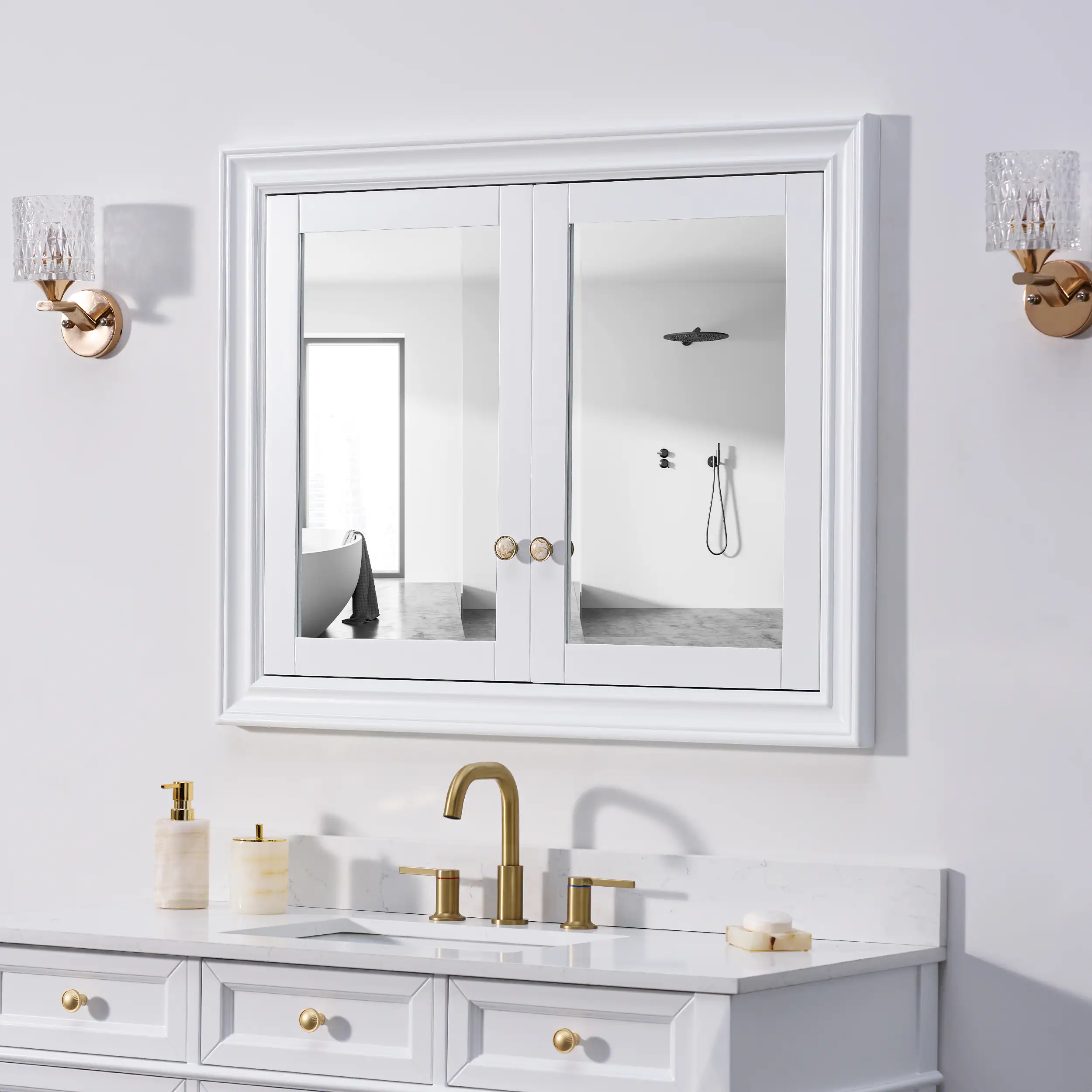 Back. WELLFOR - 40 in. W x 32 in. H Rectangular Solid Wood Recessed Medicine Cabinet with Mirror - White.