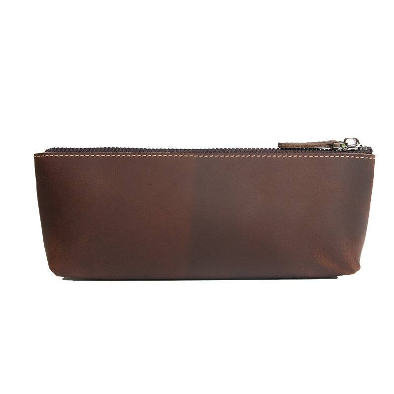 Front. Steel Horse Leather - The Pallavi |  Leather Pencil Case and Makeup Bag - Dark Brown.