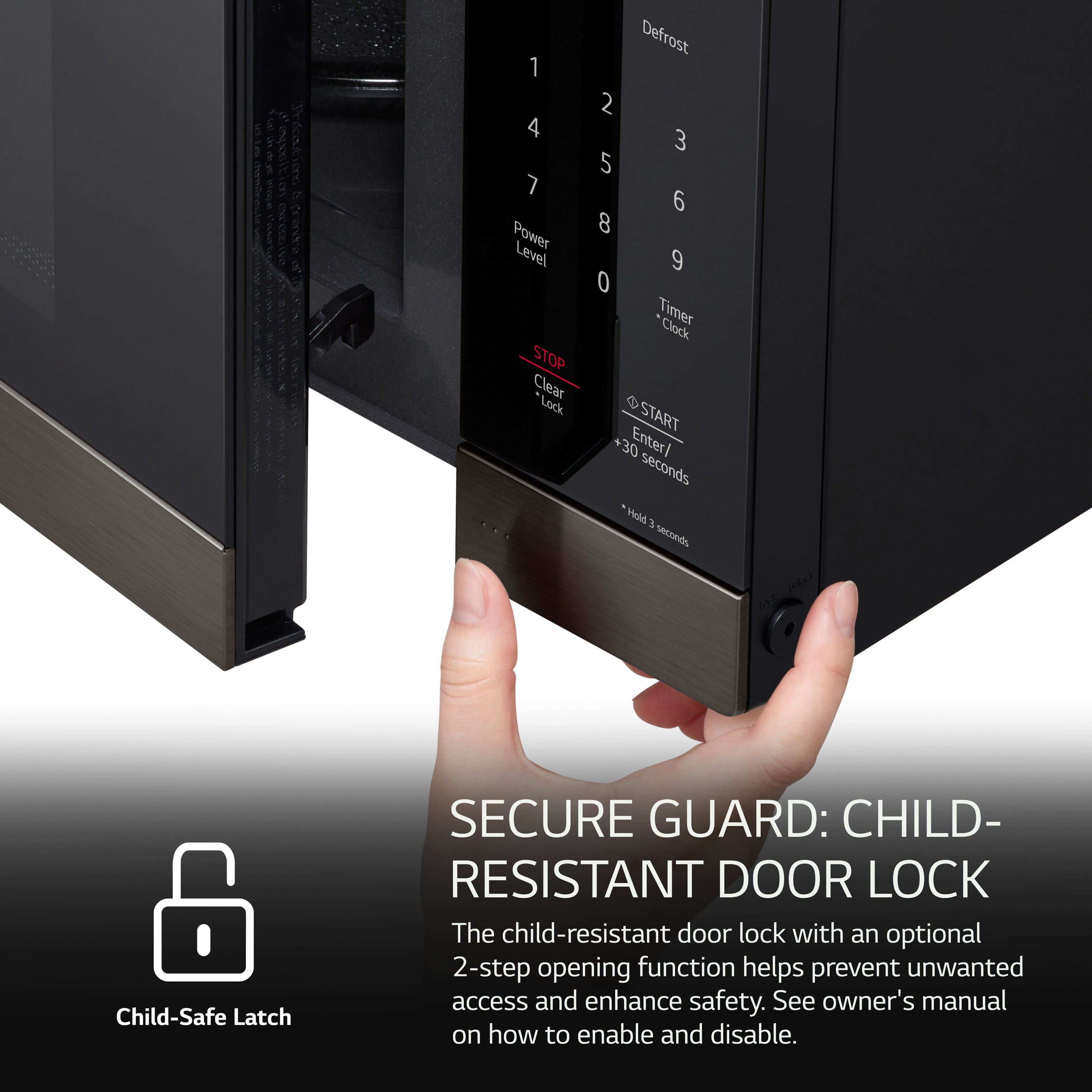 The image features a microwave with a child-resistant door lock, which is designed to prevent unwanted access by children. The lock is operated by a person's hand, and the microwave has a child-safe latch to ensure the safety of young users. The microwave also has a timer clock function, which allows for 30 seconds of operation and a 3-second defrost timer. The microwave is black and has a secure guard feature to further enhance safety. The owner's manual provides instructions on how to enable and disable the child-resistant door lock and the optional 2-step opening function.